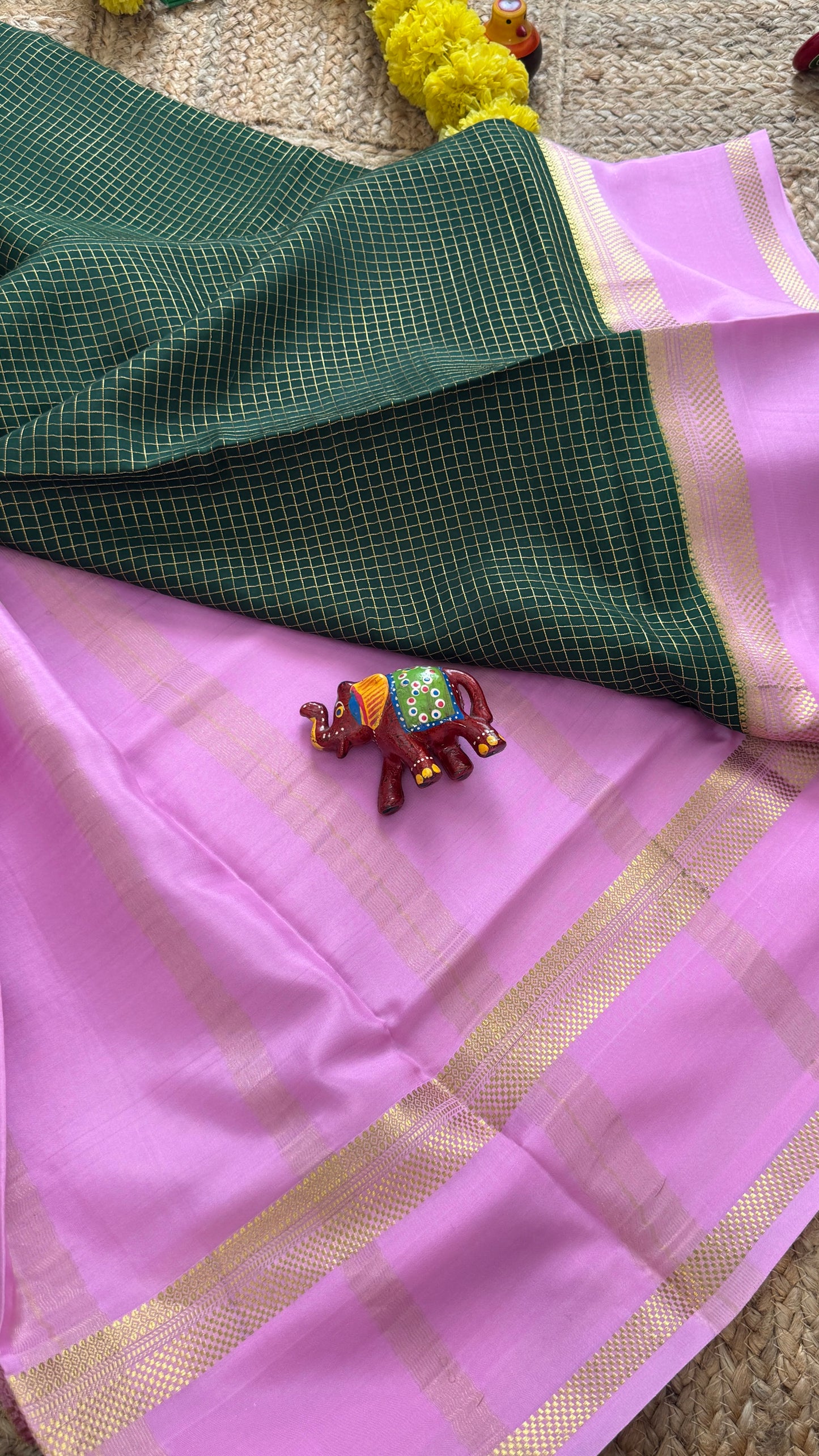Pure Mysore Silk Sarees - Bespoke Drapes - Green and Baby Pink