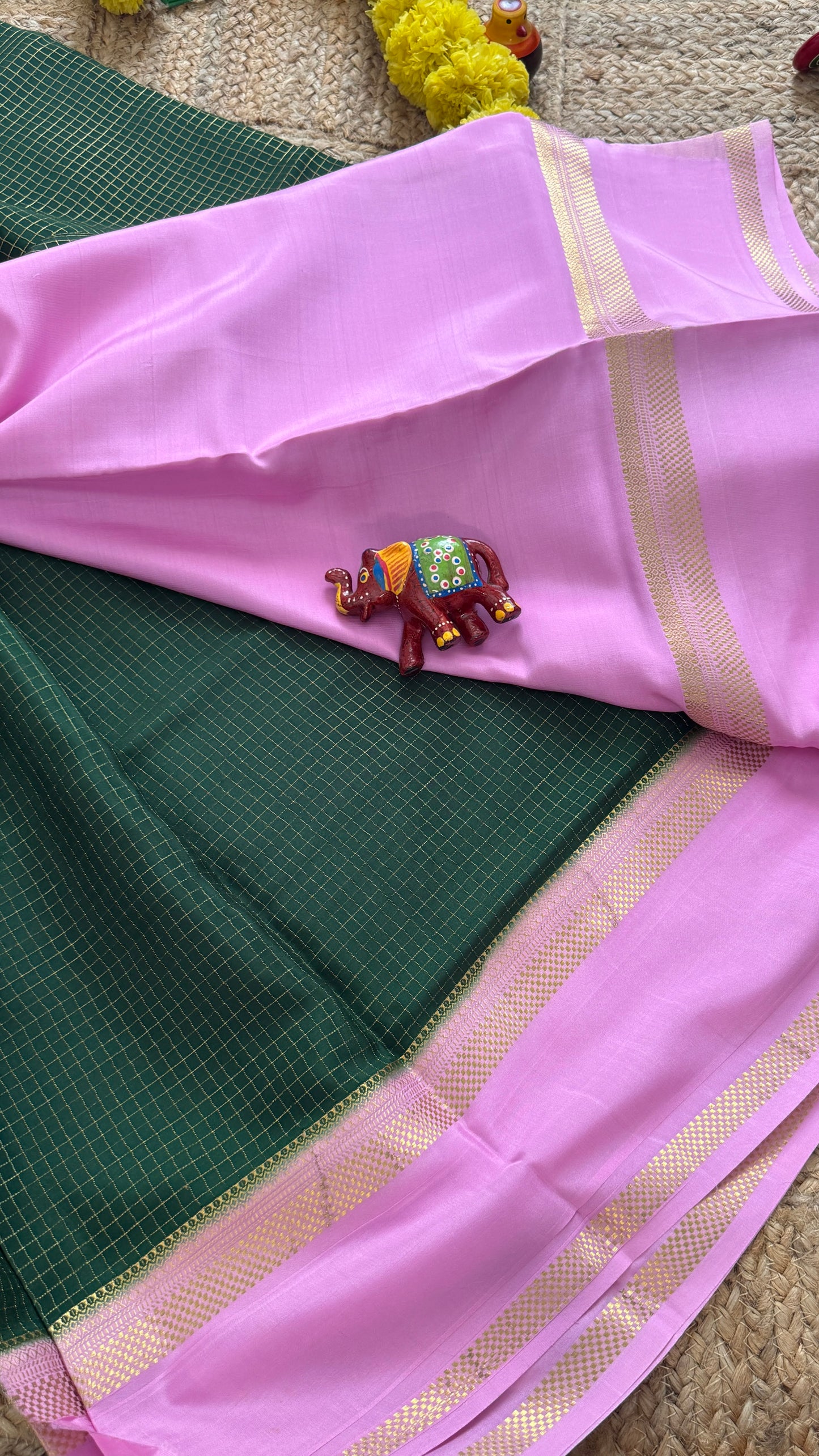 Pure Mysore Silk Sarees - Bespoke Drapes - Green and Baby Pink