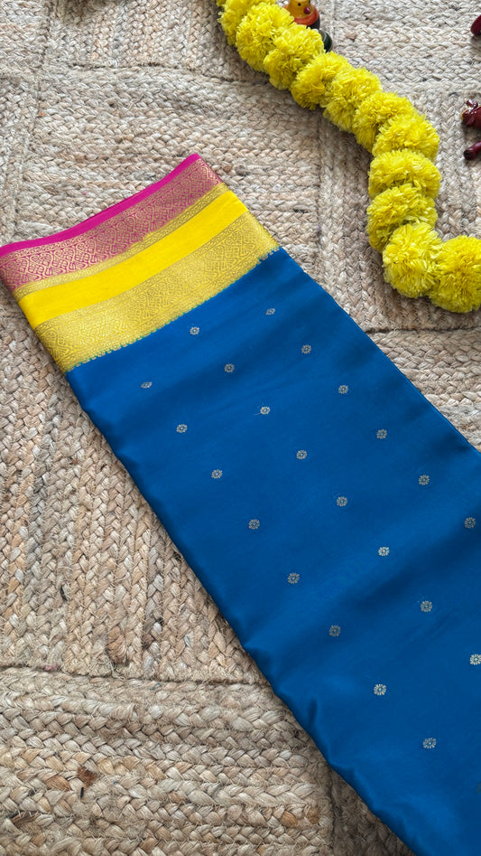 Pure Mysore Silk Sarees - Bespoke Drapes - Peacock Blue & Yellow & Pink