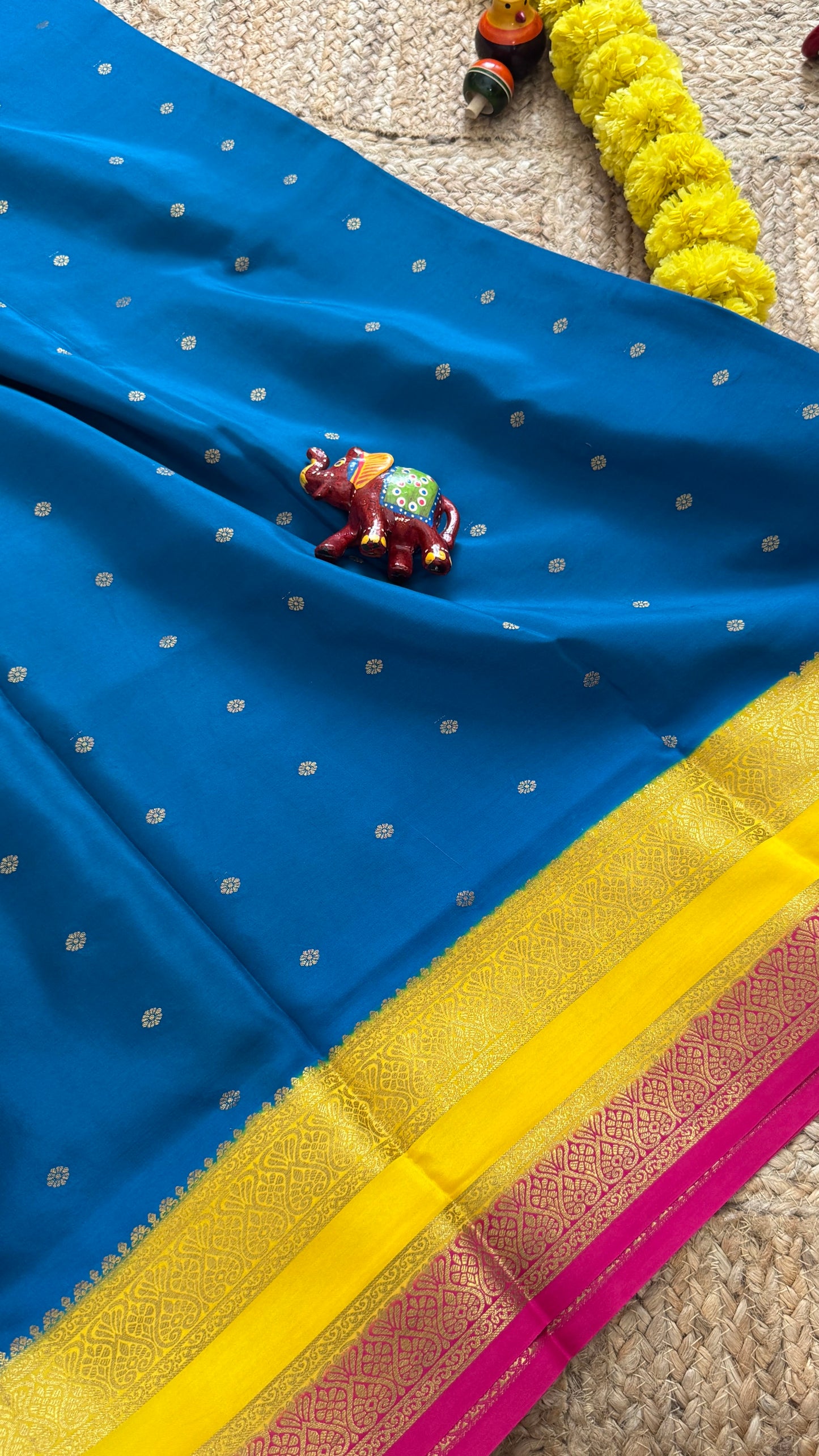 Pure Mysore Silk Sarees - Bespoke Drapes - Peacock Blue & Yellow & Pink
