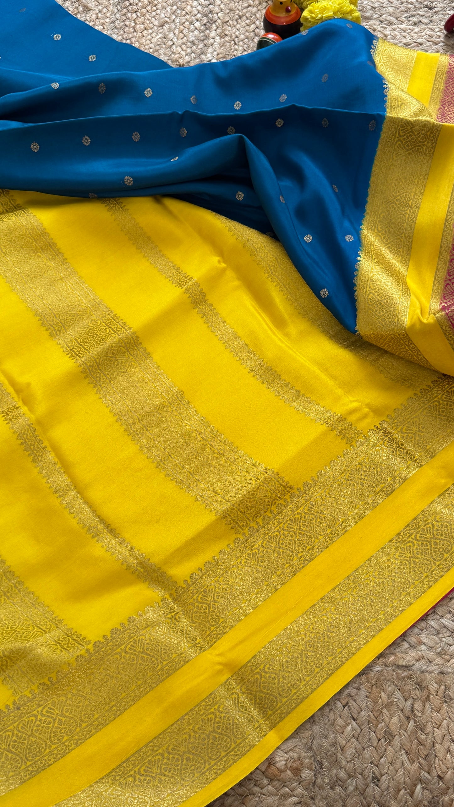 Pure Mysore Silk Sarees - Bespoke Drapes - Peacock Blue & Yellow & Pink