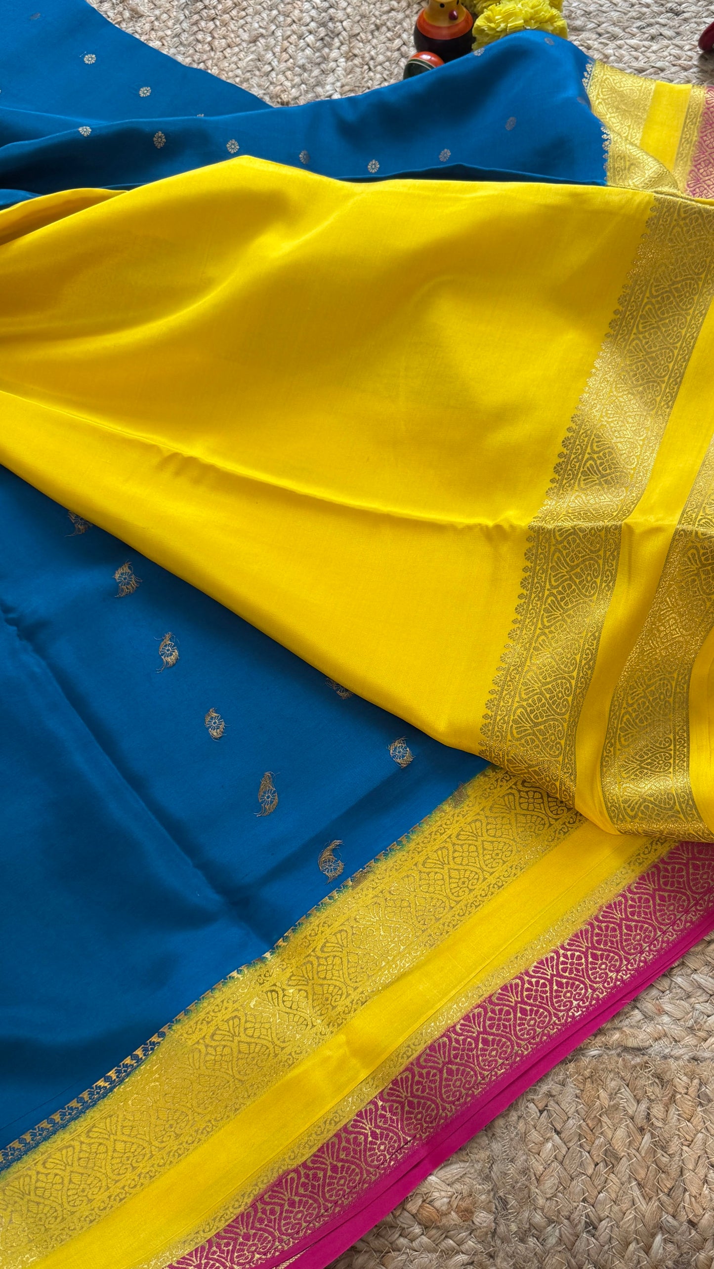 Pure Mysore Silk Sarees - Bespoke Drapes - Peacock Blue & Yellow & Pink