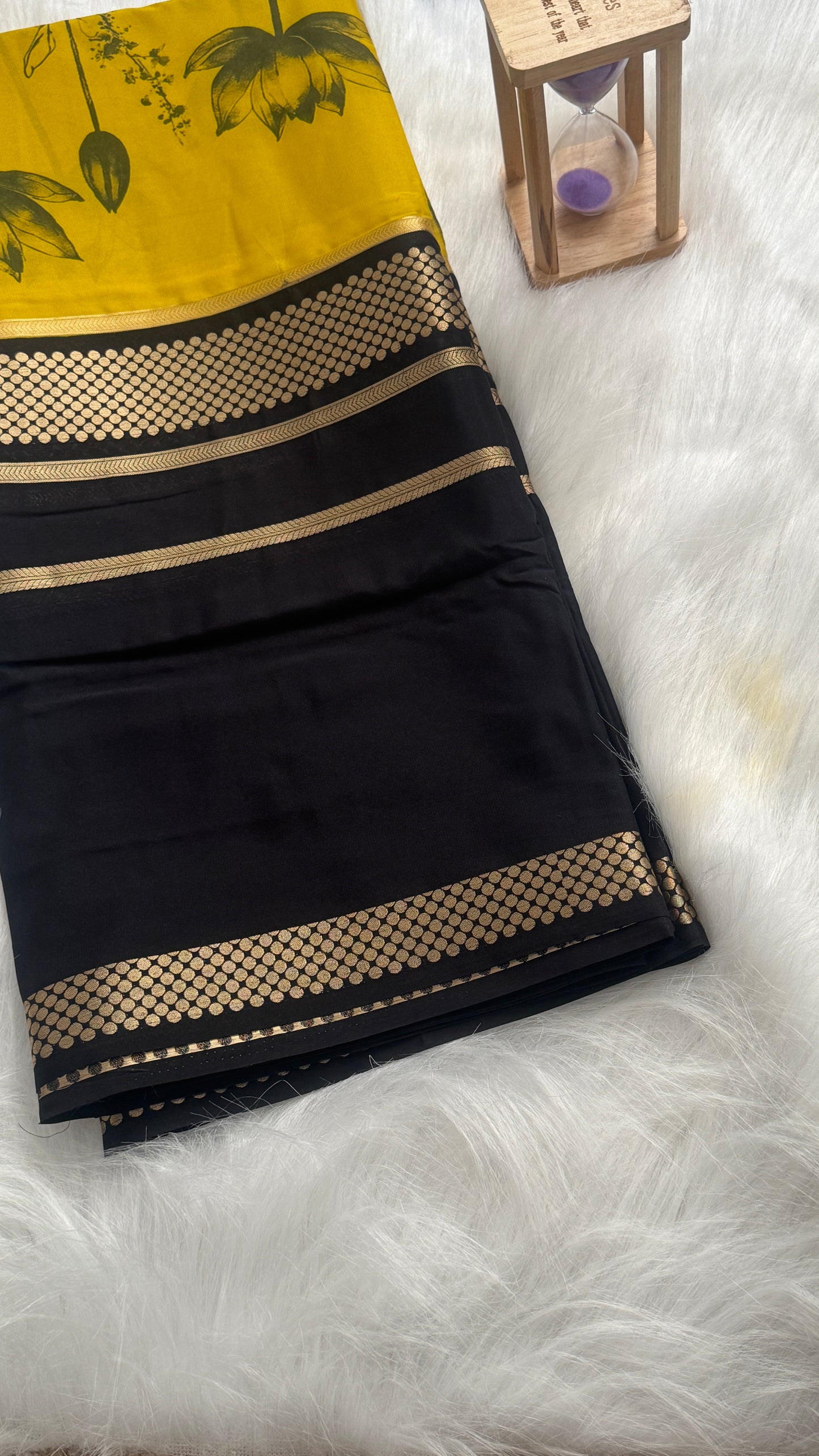 Crepe Kalamkari Print Mustard Yellow & Black Saree