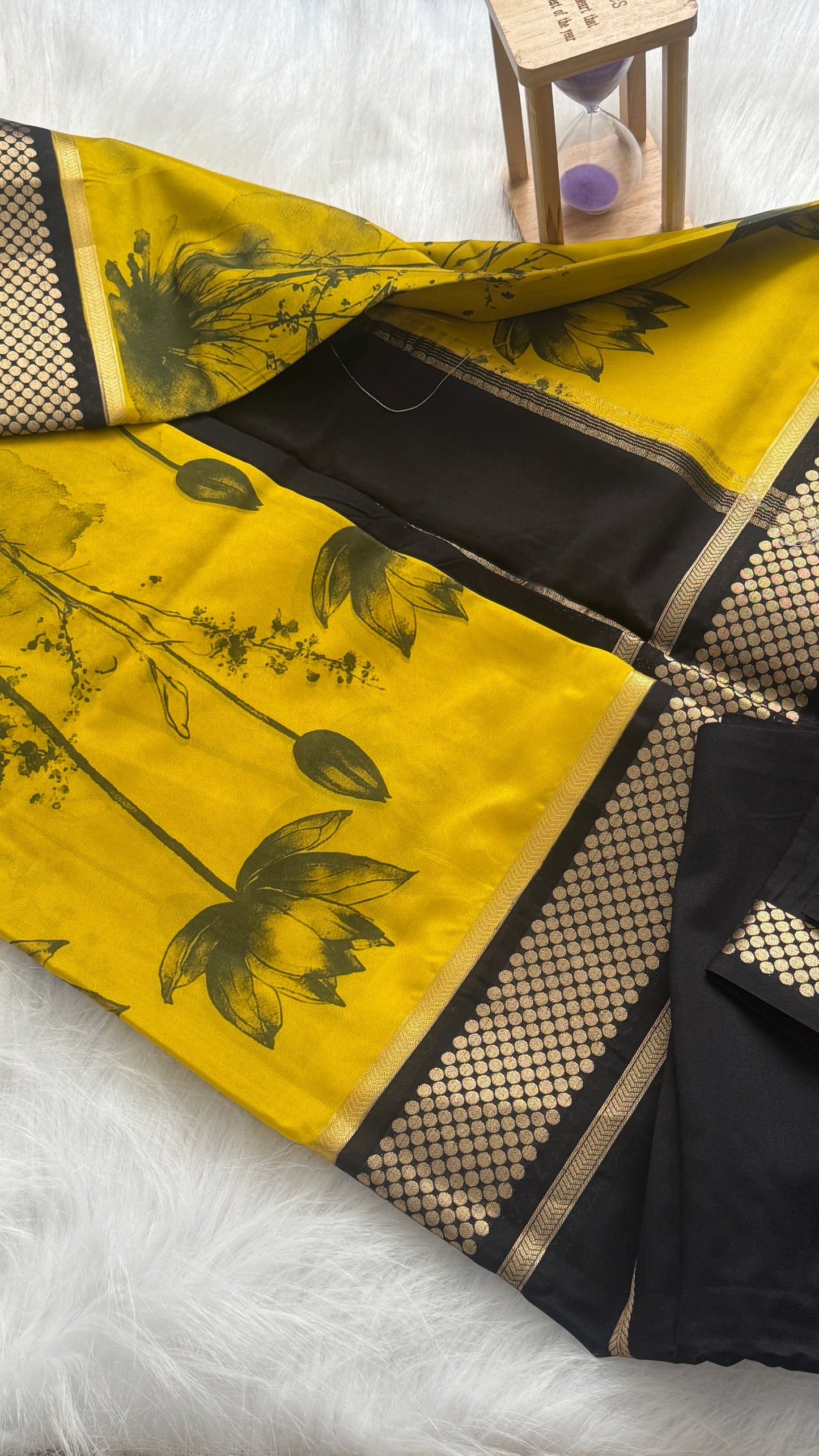 Crepe Kalamkari Print Mustard Yellow & Black Saree