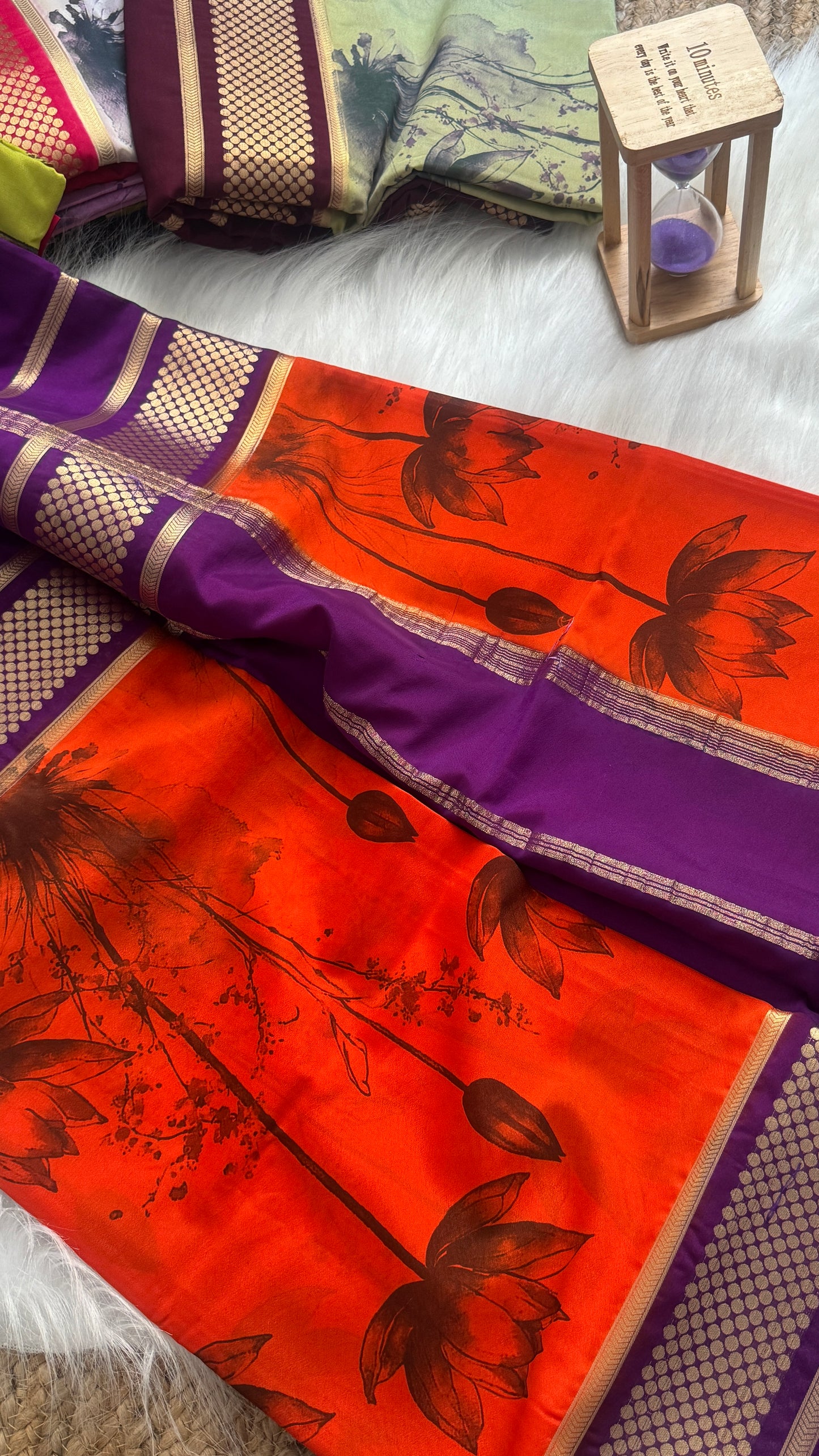 Crepe Kalamkari Print Purple & Orange Saree