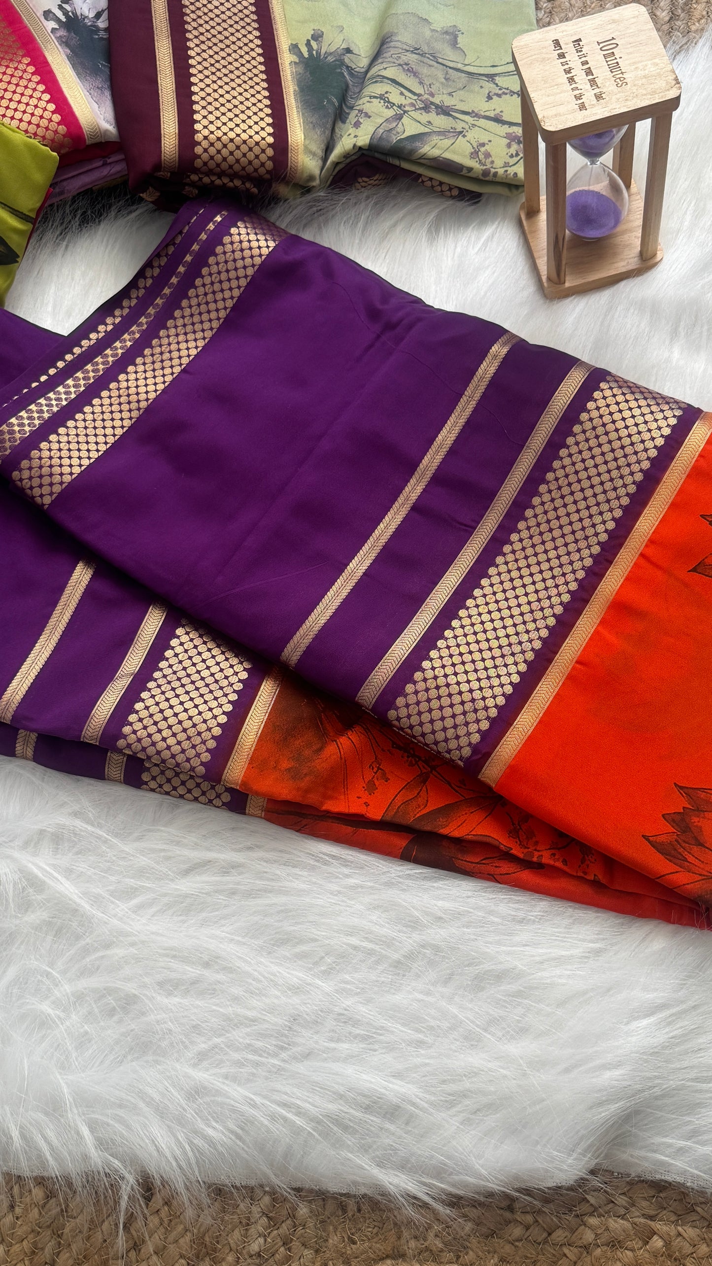 Crepe Kalamkari Print Purple & Orange Saree
