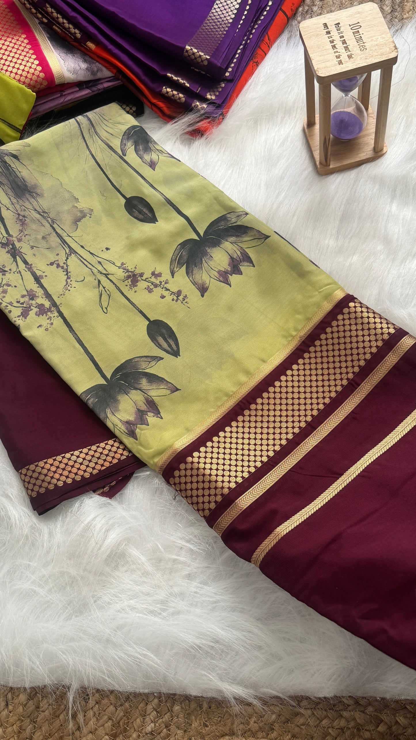 Crepe Kalamkari Print Pista Green & Brown Saree
