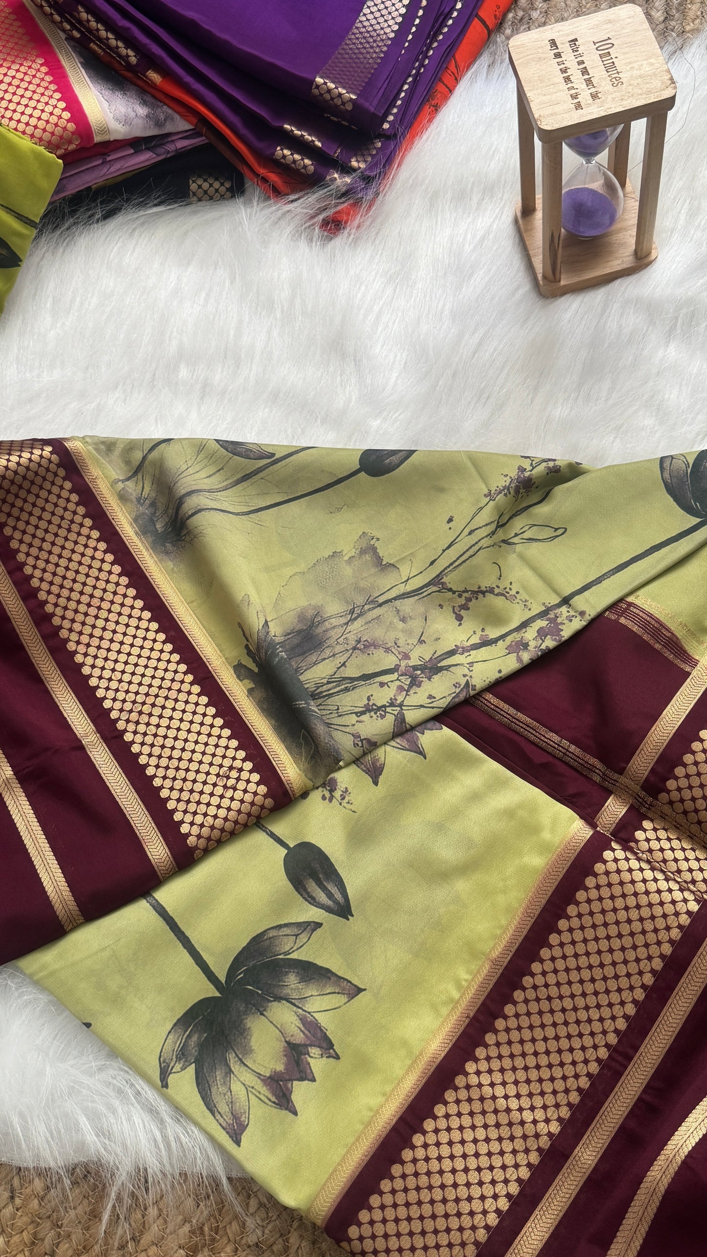 Crepe Kalamkari Print Pista Green & Brown Saree
