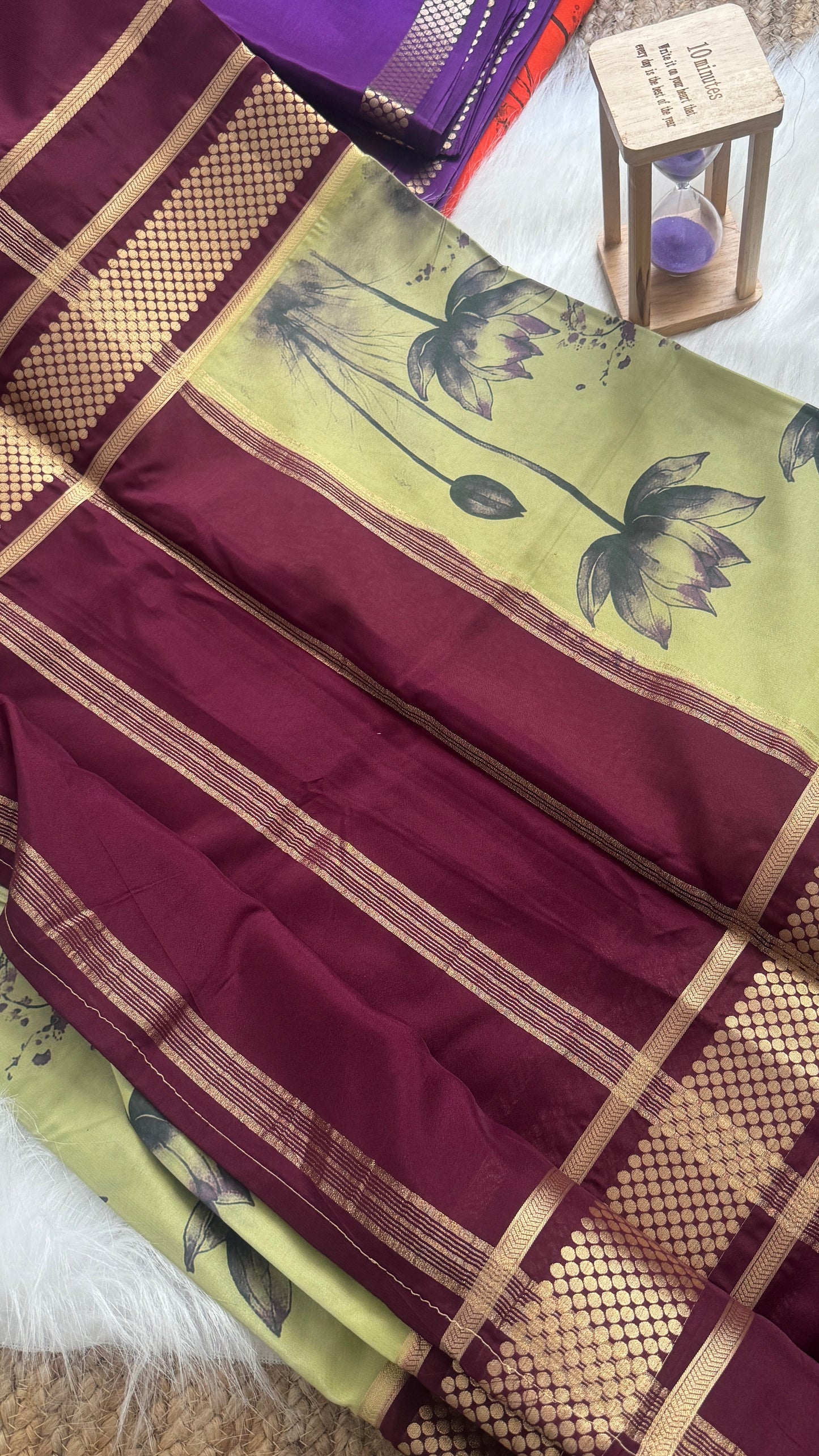 Crepe Kalamkari Print Pista Green & Brown Saree
