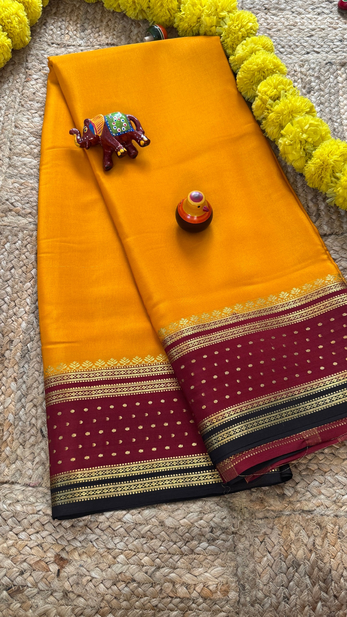 Pure Mysore Silk - Bespoke Drapes - Mustard Yellow & Maroon & Black