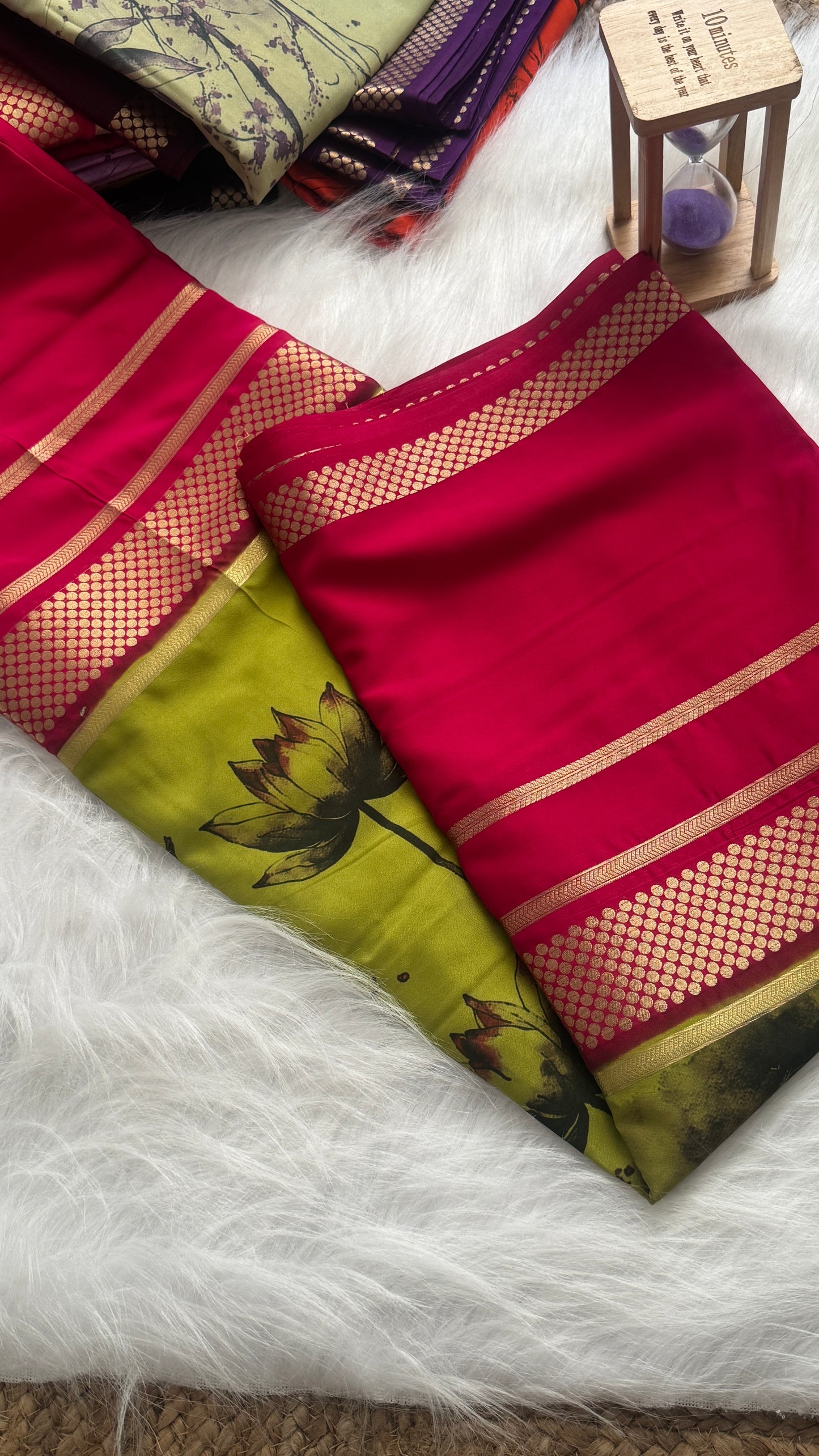 Crepe Kalamkari Print Parrot Green & Cherry Red Saree