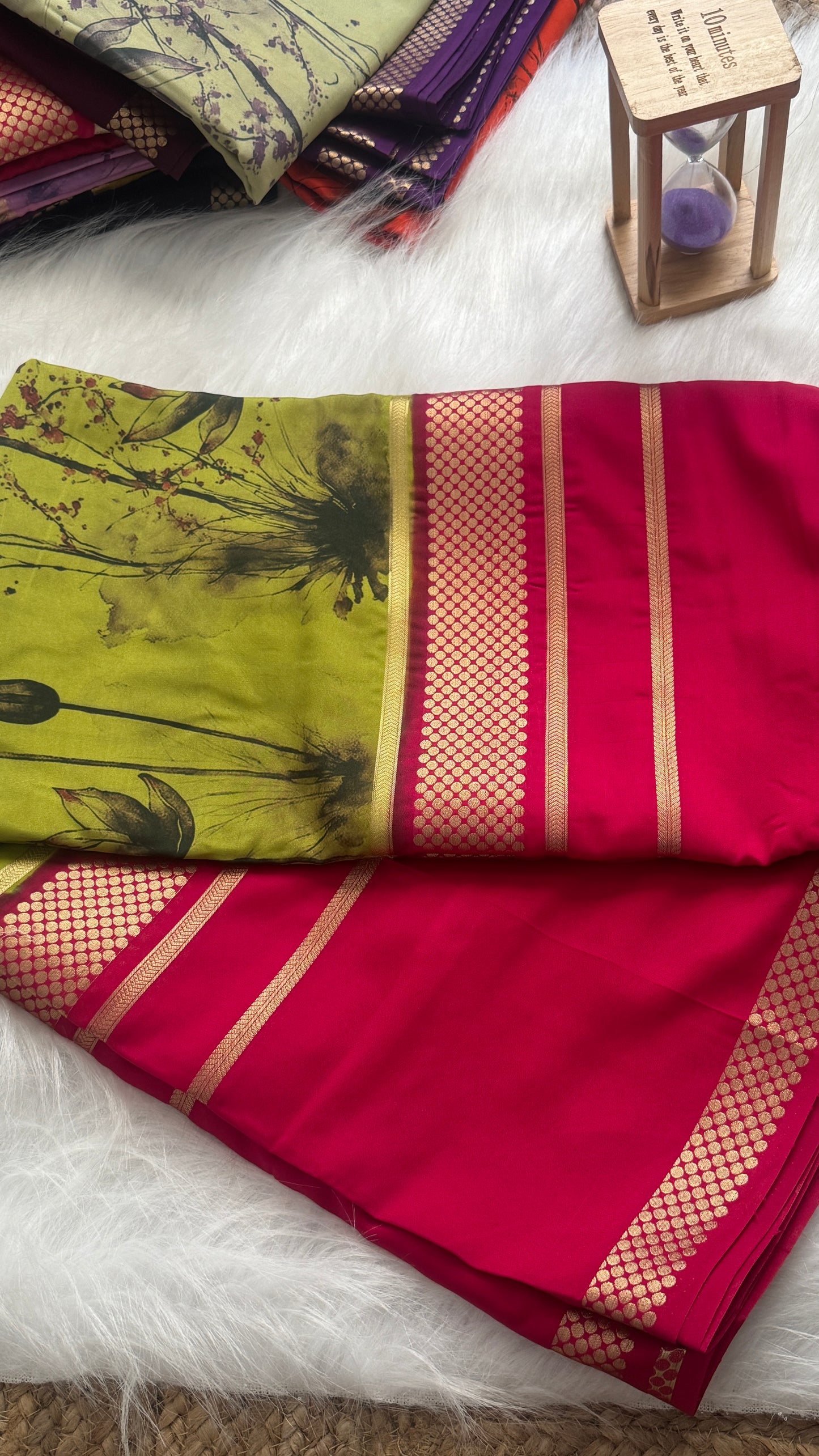 Crepe Kalamkari Print Parrot Green & Cherry Red Saree