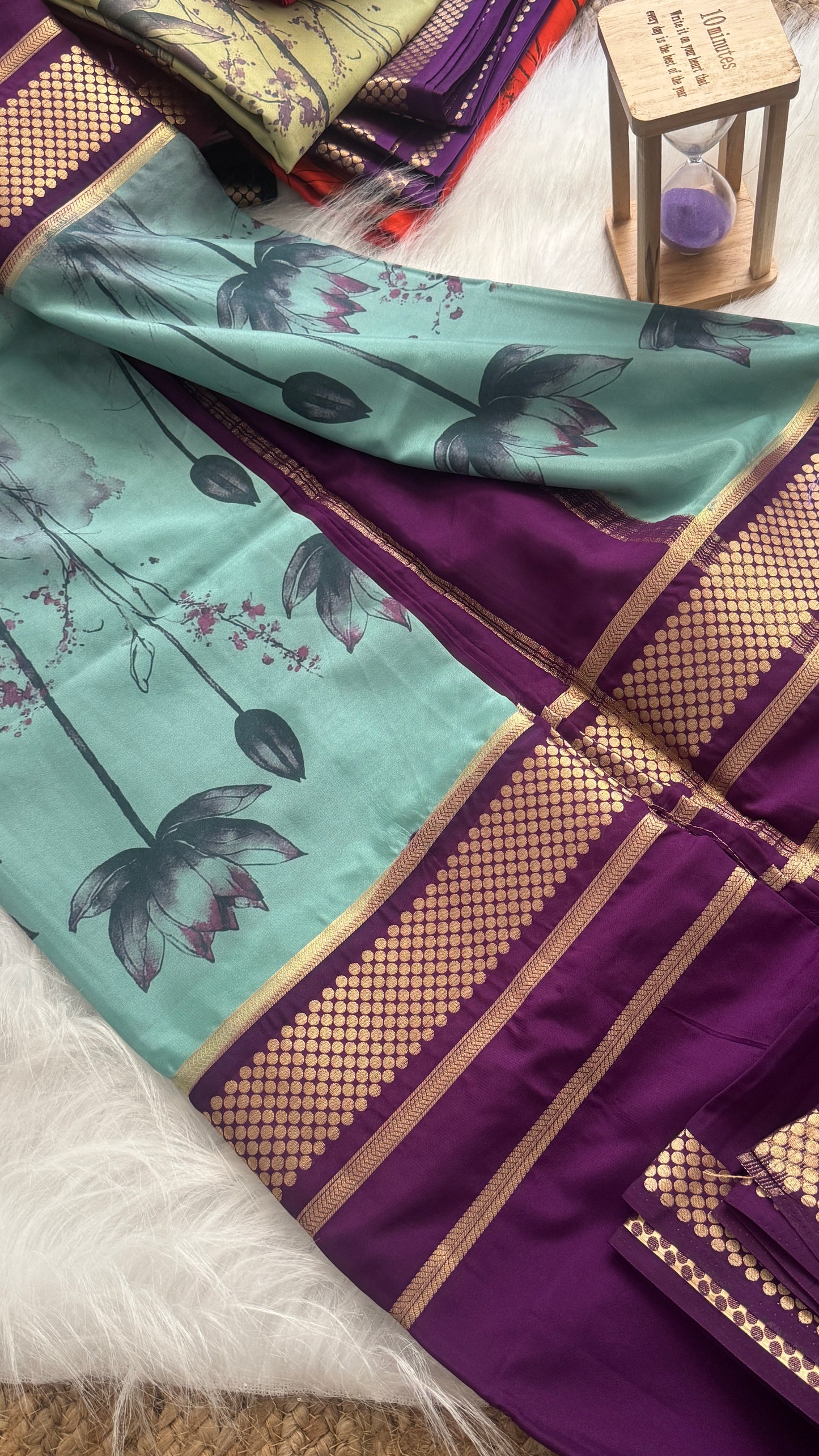 Crepe Kalamkari Print Turquoise & Purple Saree