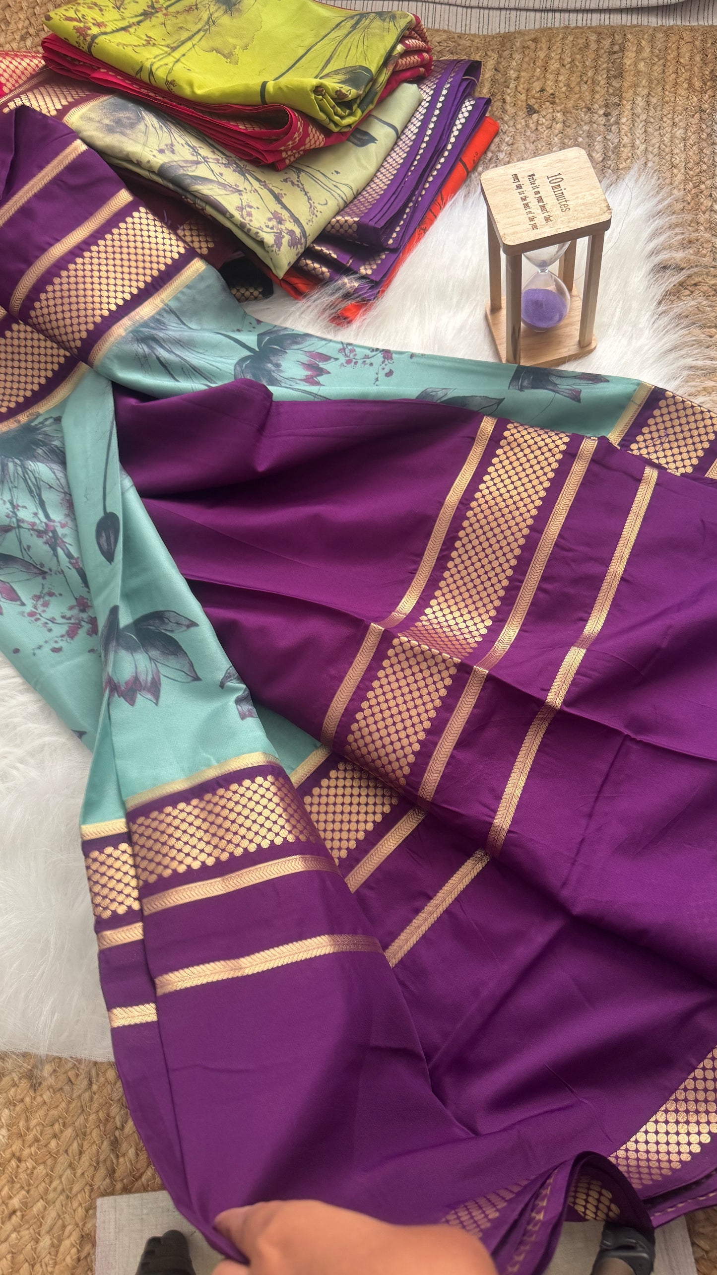 Crepe Kalamkari Print Turquoise & Purple Saree