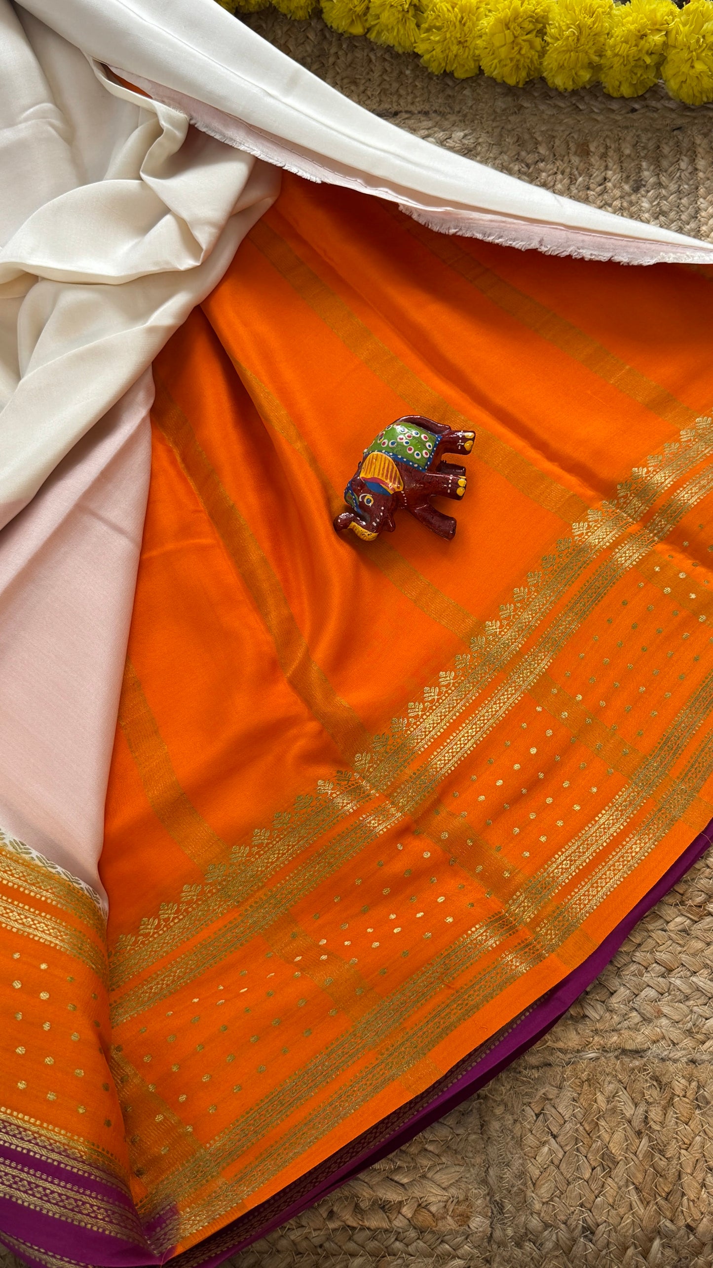 Pure Mysore Silk - Bespoke Drapes - Off White & Orange & Purple