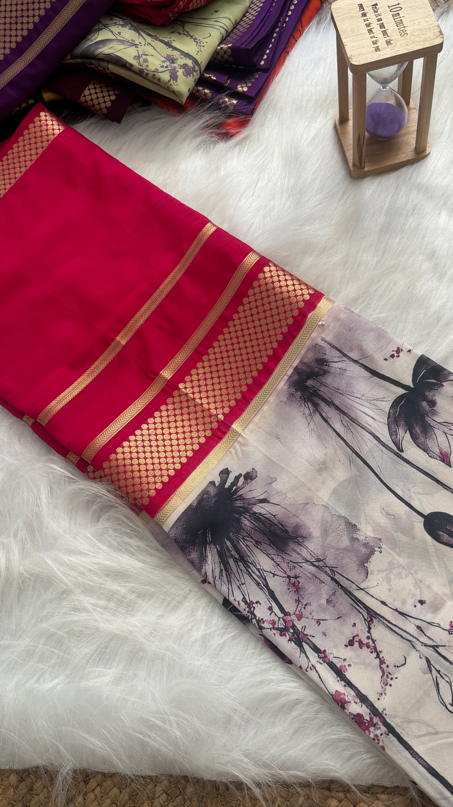 Crepe Kalamkari Print Off White & Pink Saree