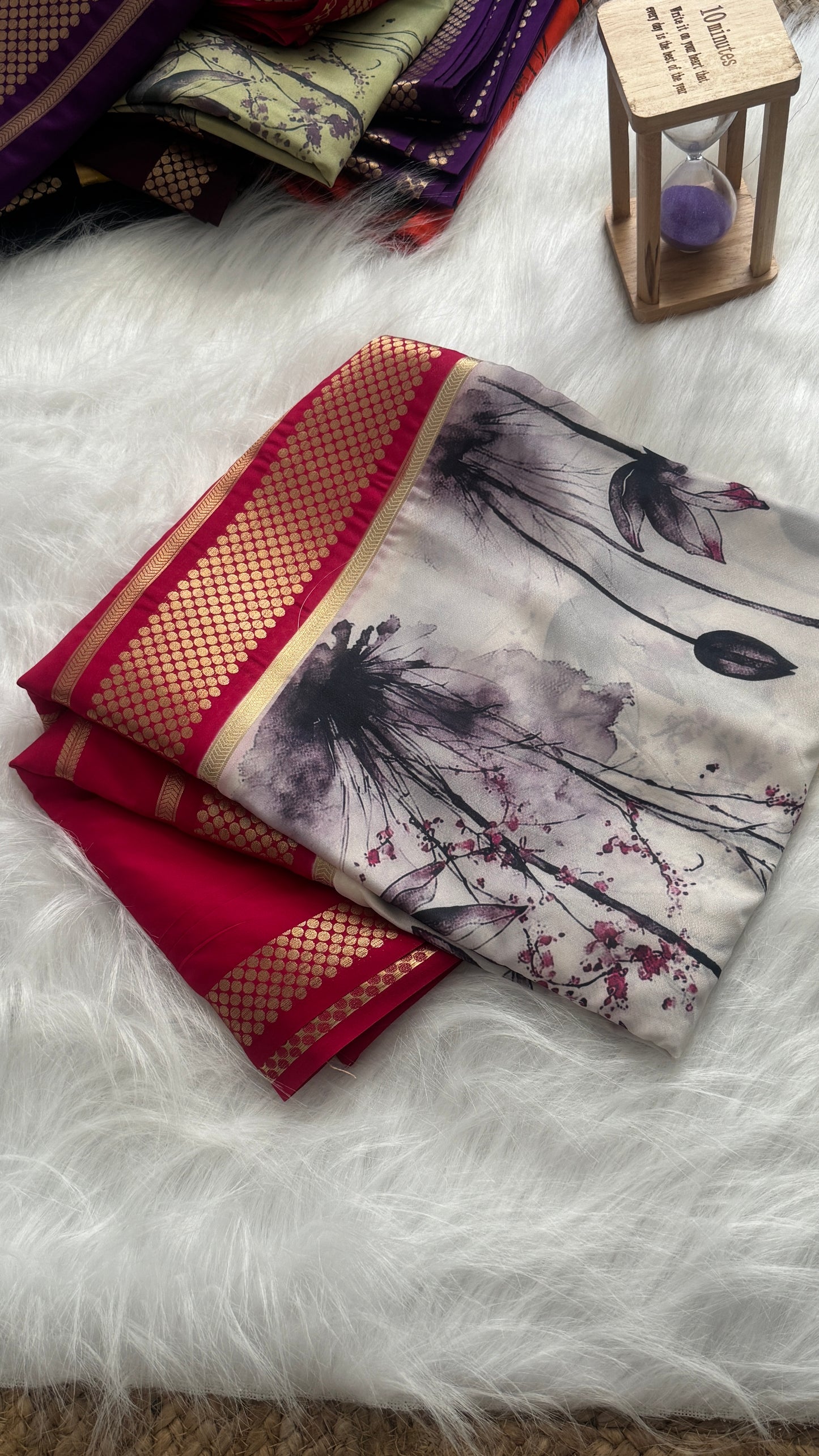 Crepe Kalamkari Print Off White & Pink Saree