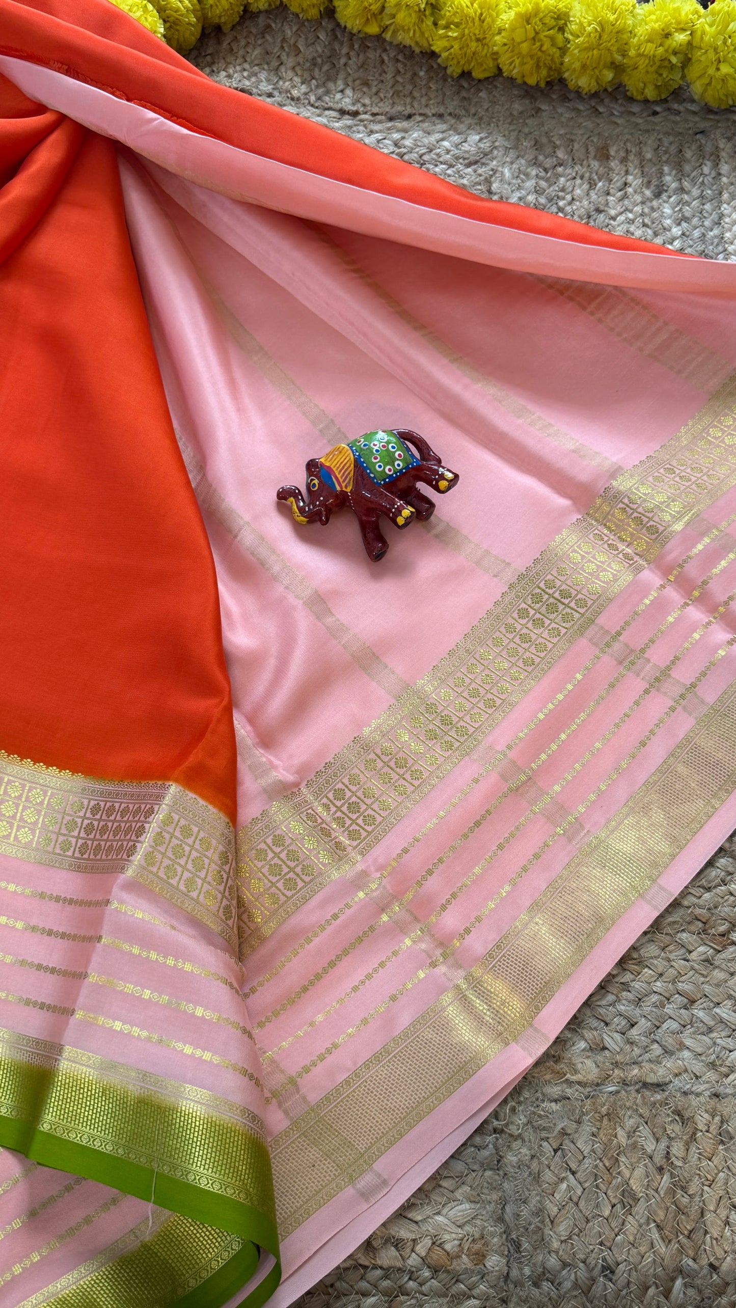 Pure Mysore Silk - Bespoke Drapes - Orange & Baby Pink & Light Green