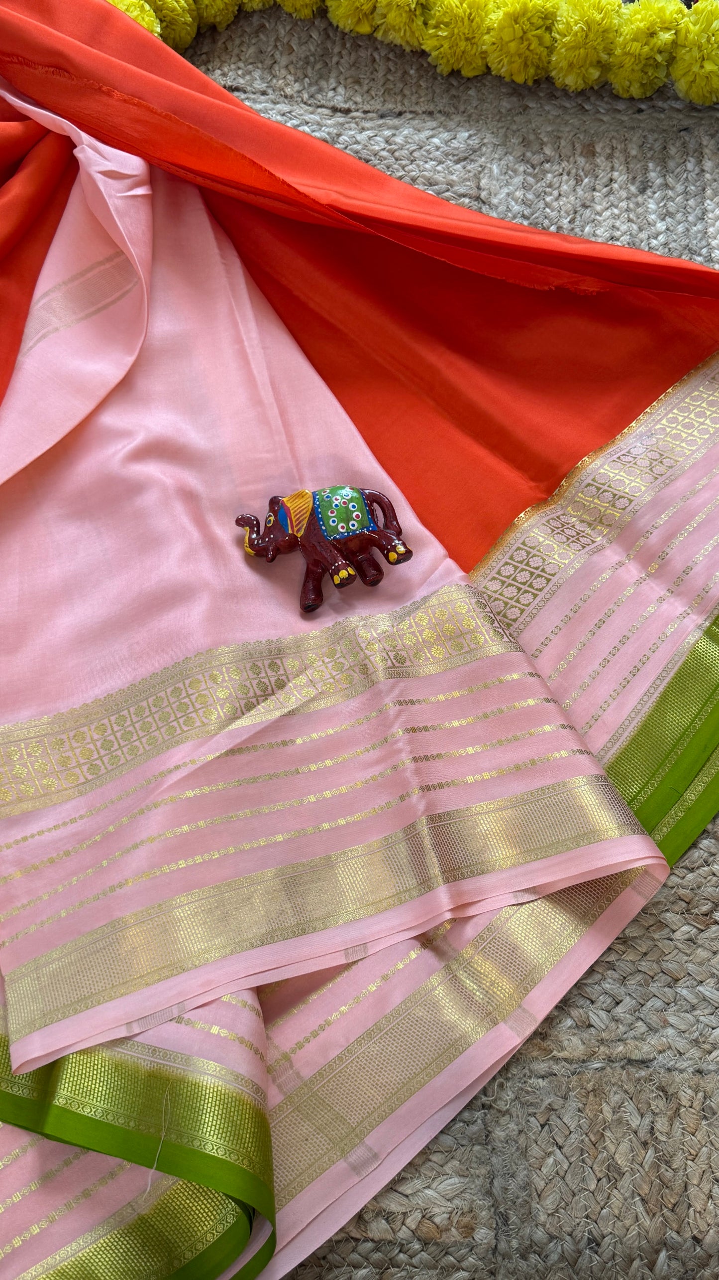 Pure Mysore Silk - Bespoke Drapes - Orange & Baby Pink & Light Green
