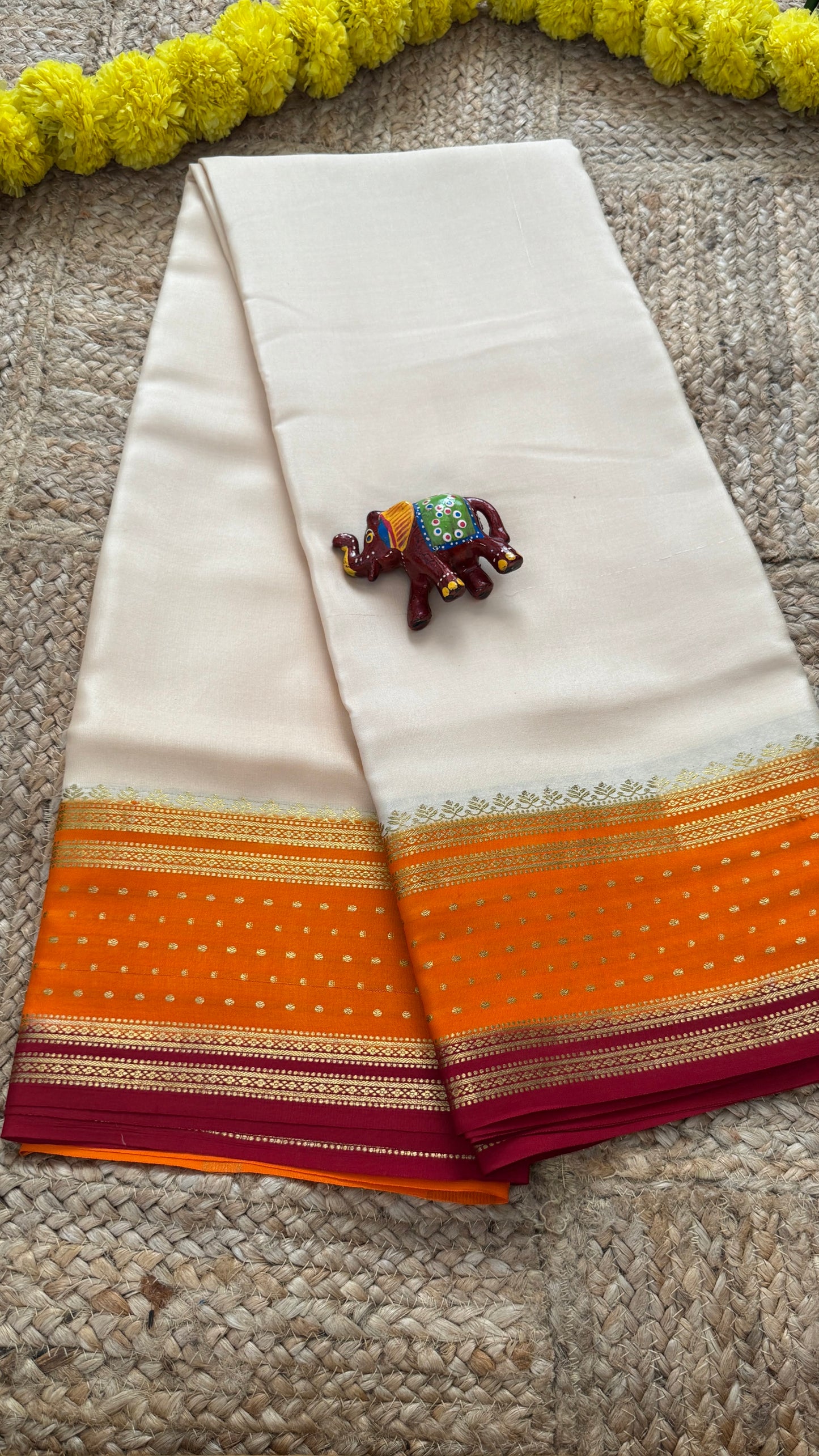 Pure Mysore Silk - Bespoke Drapes - OffWhite & Orange & Maroon
