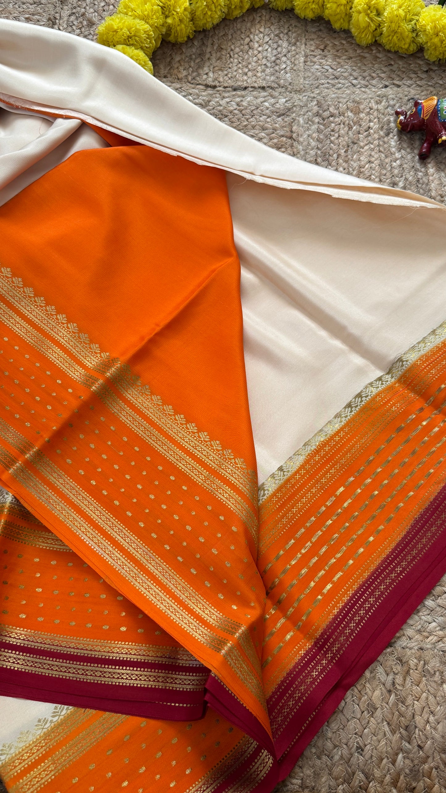 Pure Mysore Silk - Bespoke Drapes - OffWhite & Orange & Maroon