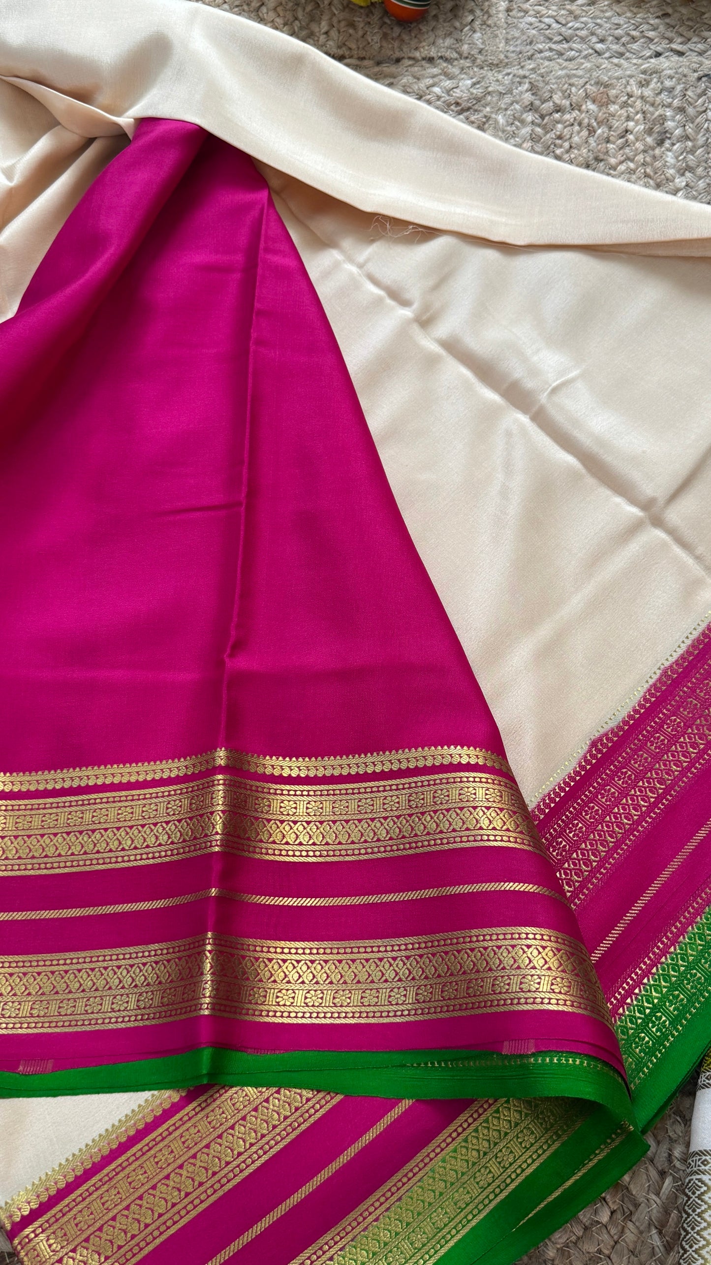 Pure Mysore Silk - Bespoke Drapes - White & Rani Pink & Green
