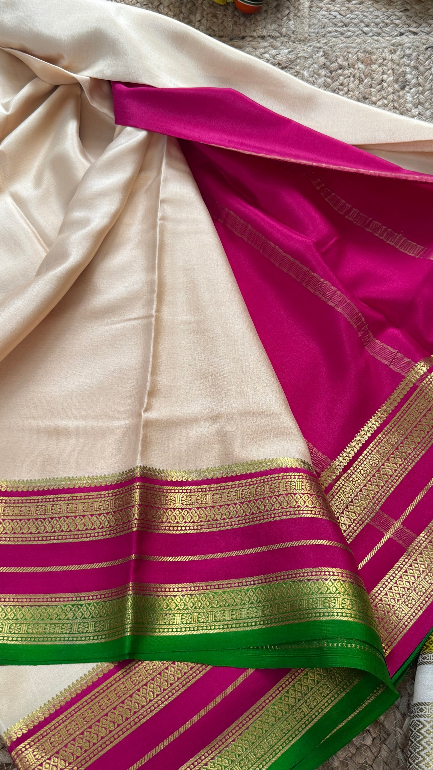 Pure Mysore Silk - Bespoke Drapes - White & Rani Pink & Green