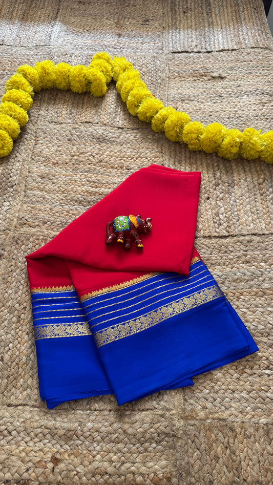 Mysore Silk Saree - Red and Royal Blue Peacock Boarder