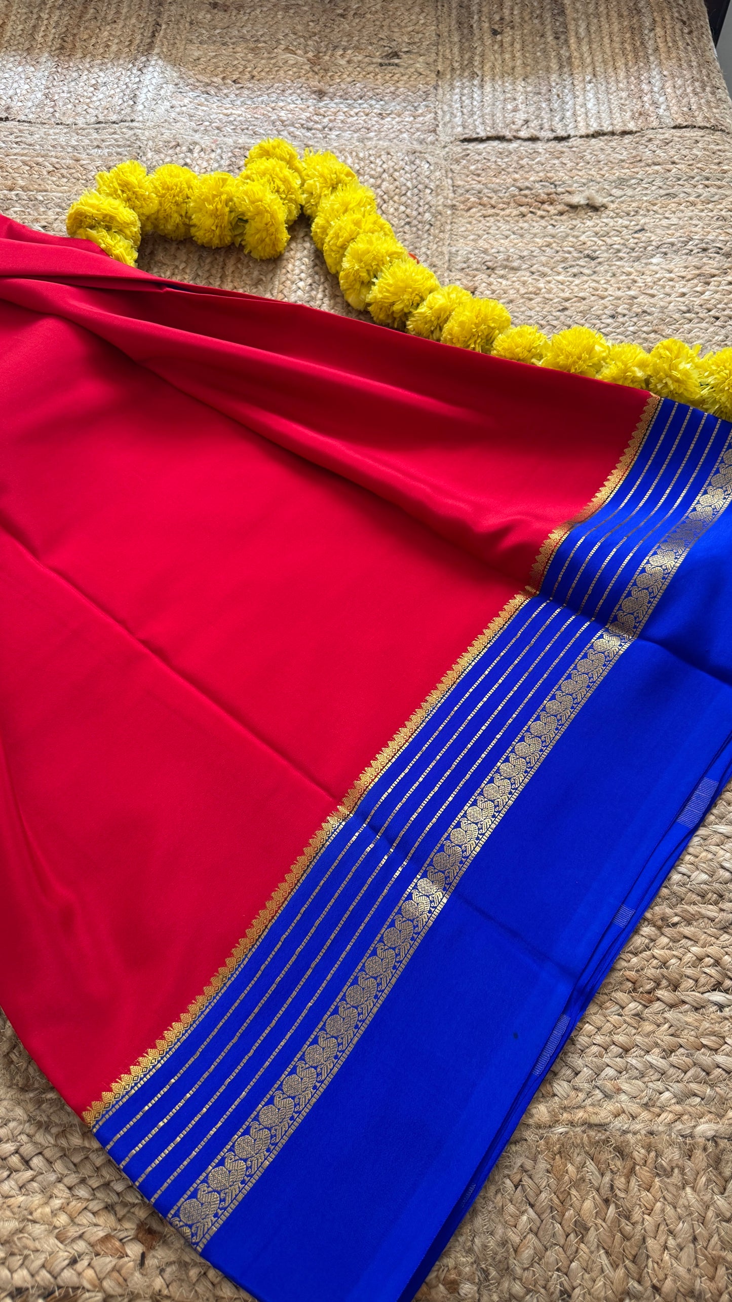 Mysore Silk Saree - Red and Royal Blue Peacock Boarder