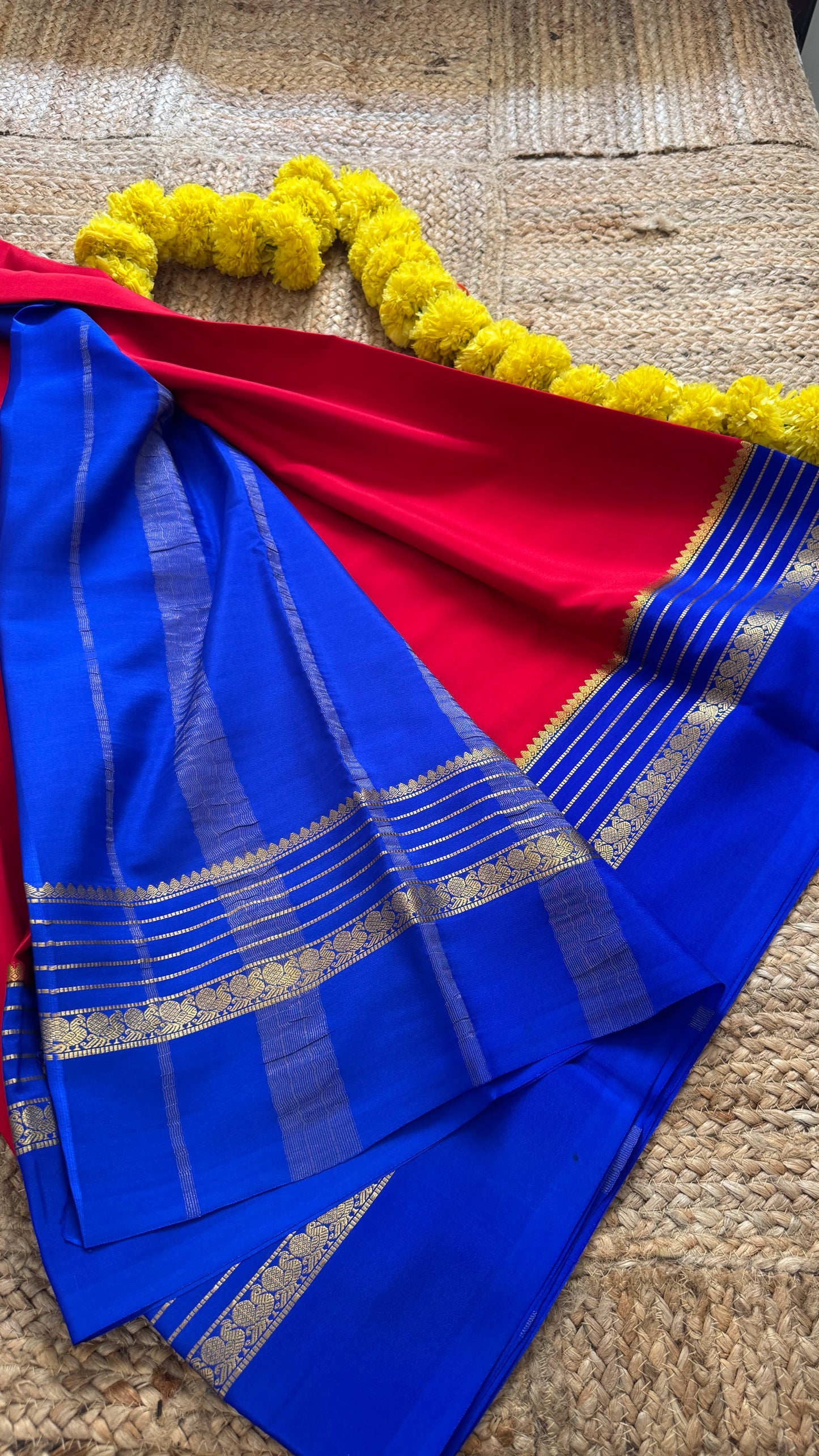 Mysore Silk Saree - Red and Royal Blue Peacock Boarder