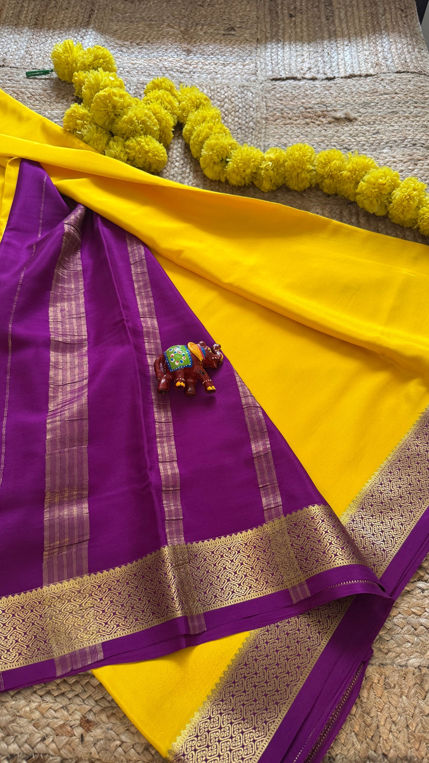 Pure Mysore Silk - Bespoke Drapes - Yellow and Purple Flower Boarder