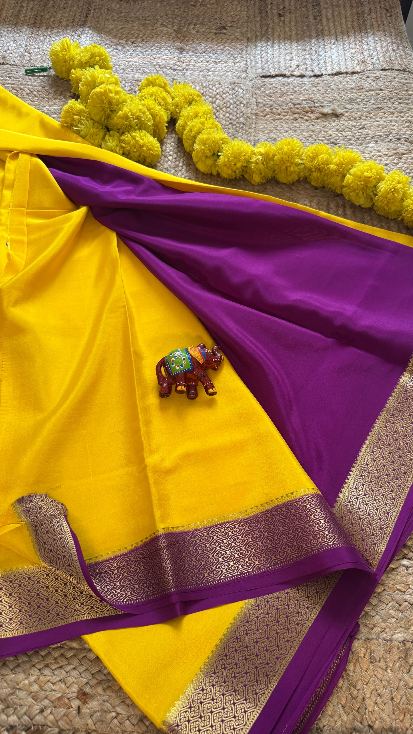 Pure Mysore Silk - Bespoke Drapes - Yellow and Purple Flower Boarder
