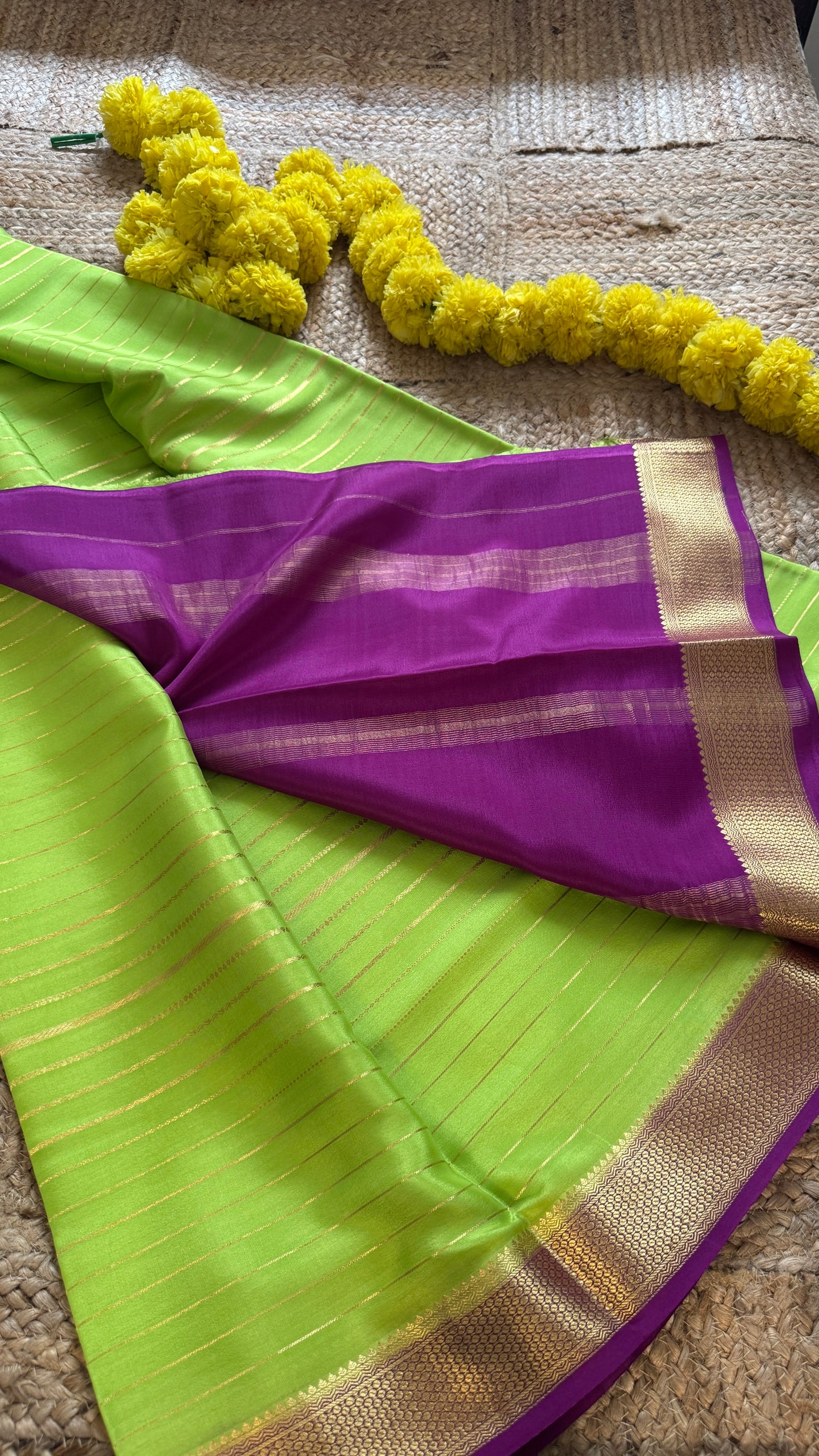 Pure Mysore Silk - Bespoke Drapes - Parrot Green & Purple with Lines