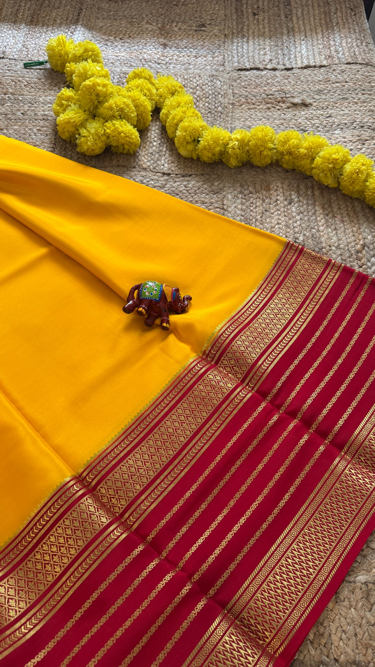 Pure Mysore Silk - Bespoke Drapes - Mustard and Red Lines Boarder