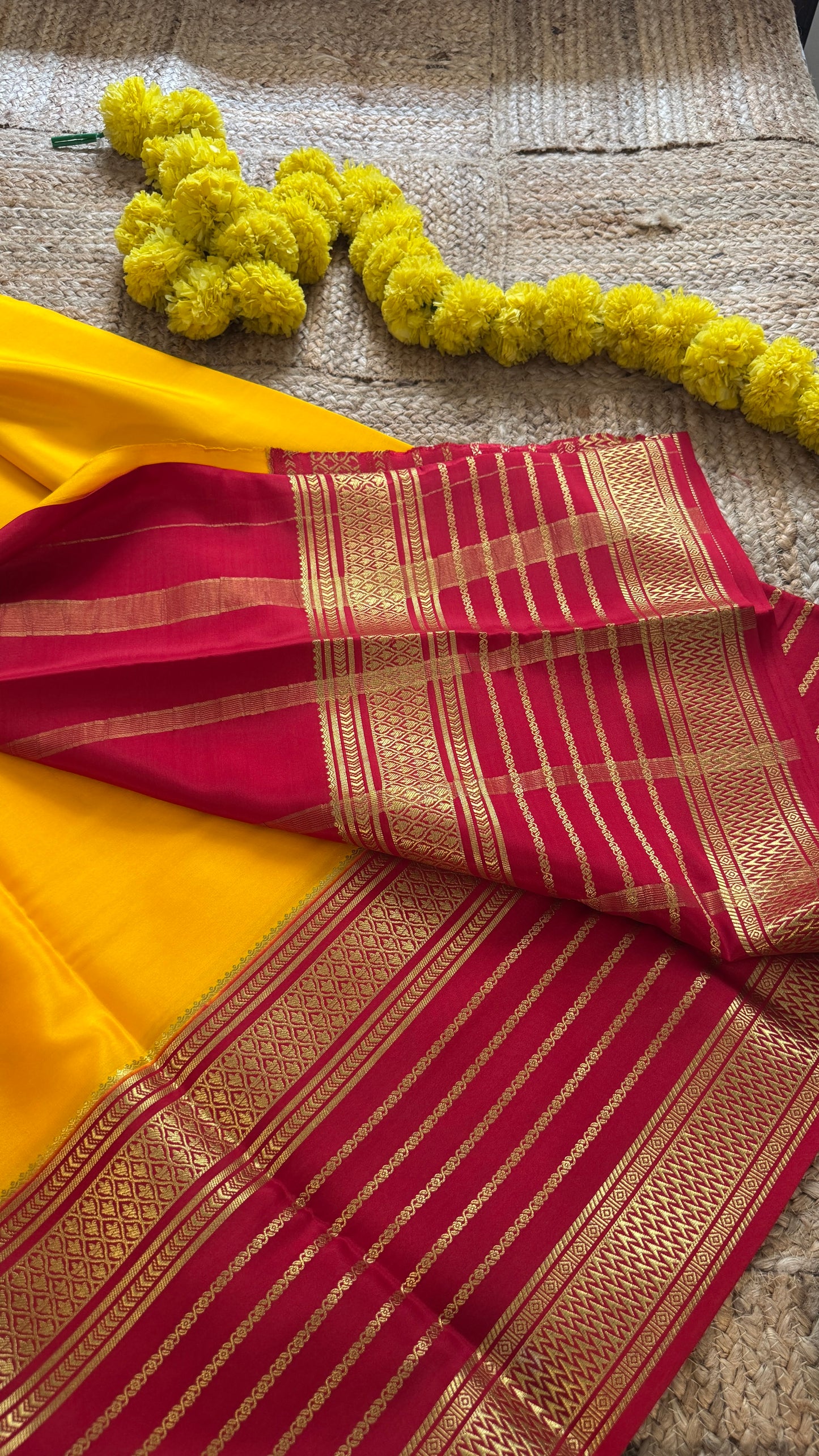 Pure Mysore Silk - Bespoke Drapes - Mustard and Red Lines Boarder