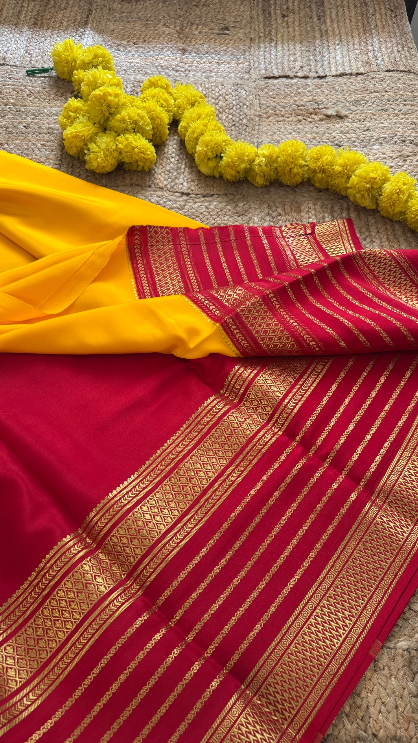 Pure Mysore Silk - Bespoke Drapes - Mustard and Red Lines Boarder