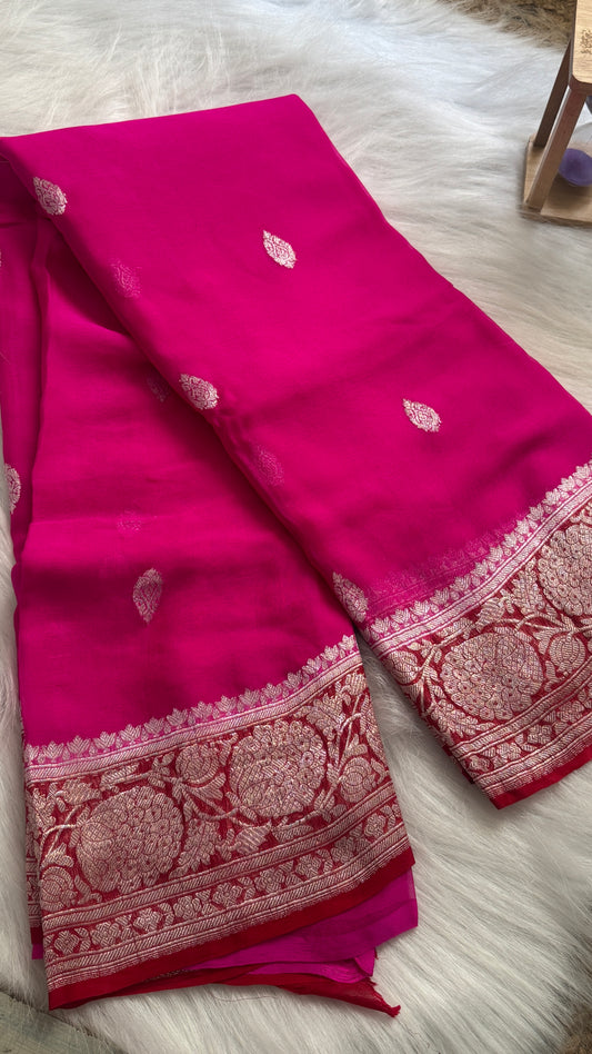 Premium Pure Chiffon Georgette Saree - Pink and Red