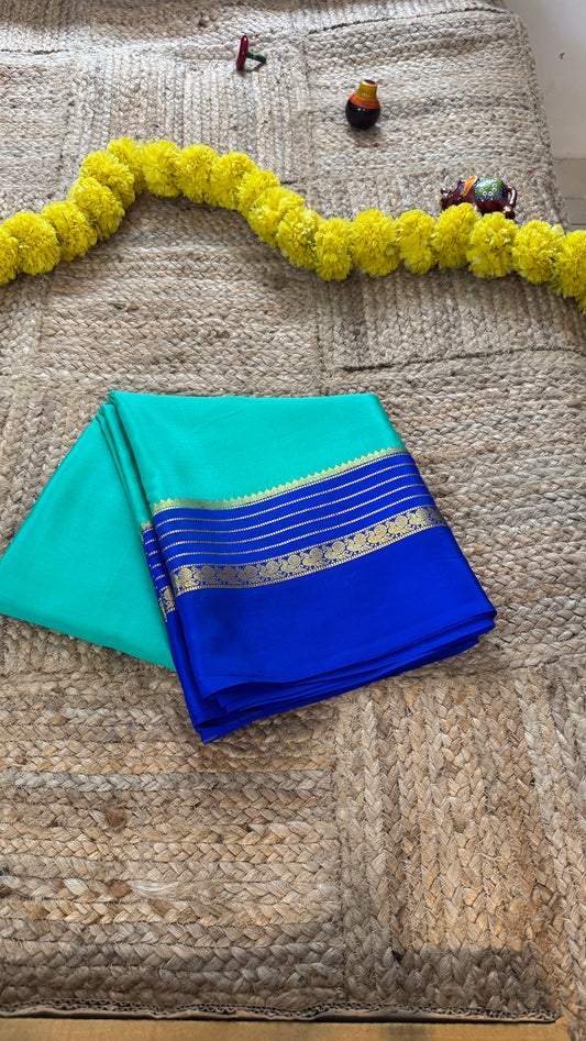 Mysore Silk Saree - Torquoise and Royal Blue Peacock Boarder