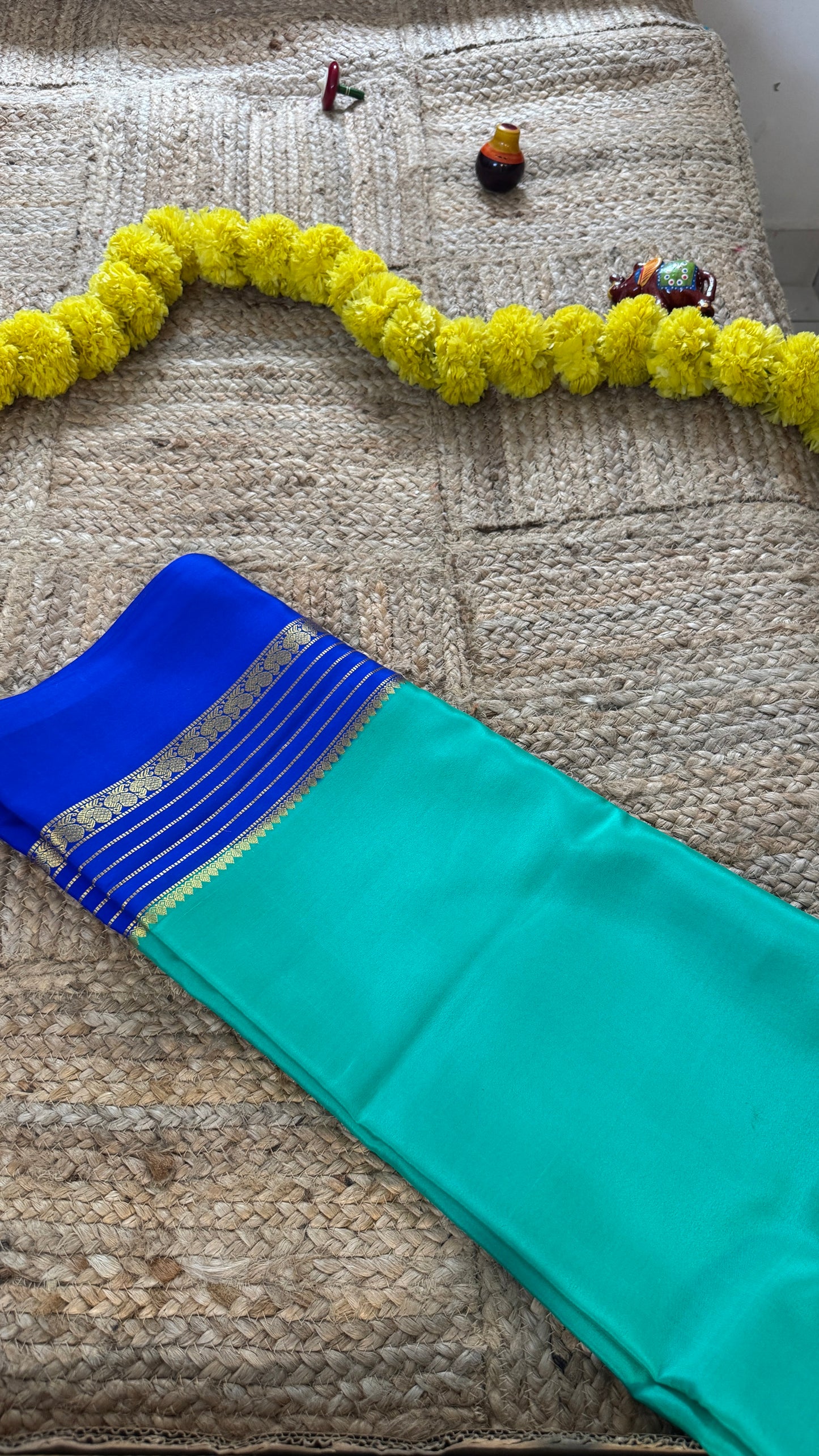 Mysore Silk Saree - Torquoise and Royal Blue Peacock Boarder