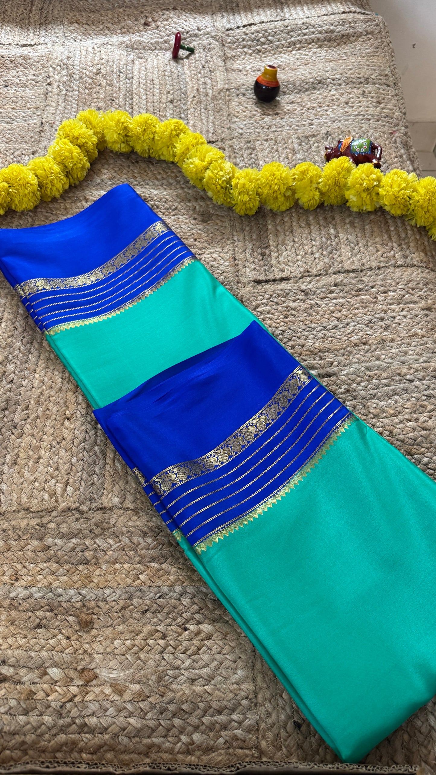Mysore Silk Saree - Torquoise and Royal Blue Peacock Boarder