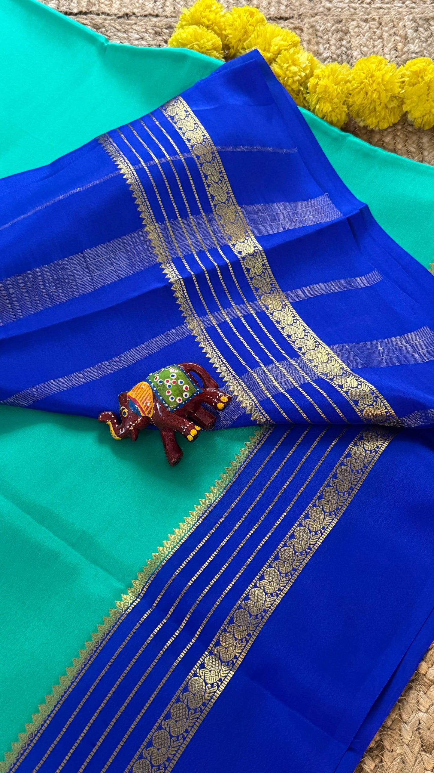 Mysore Silk Saree - Torquoise and Royal Blue Peacock Boarder