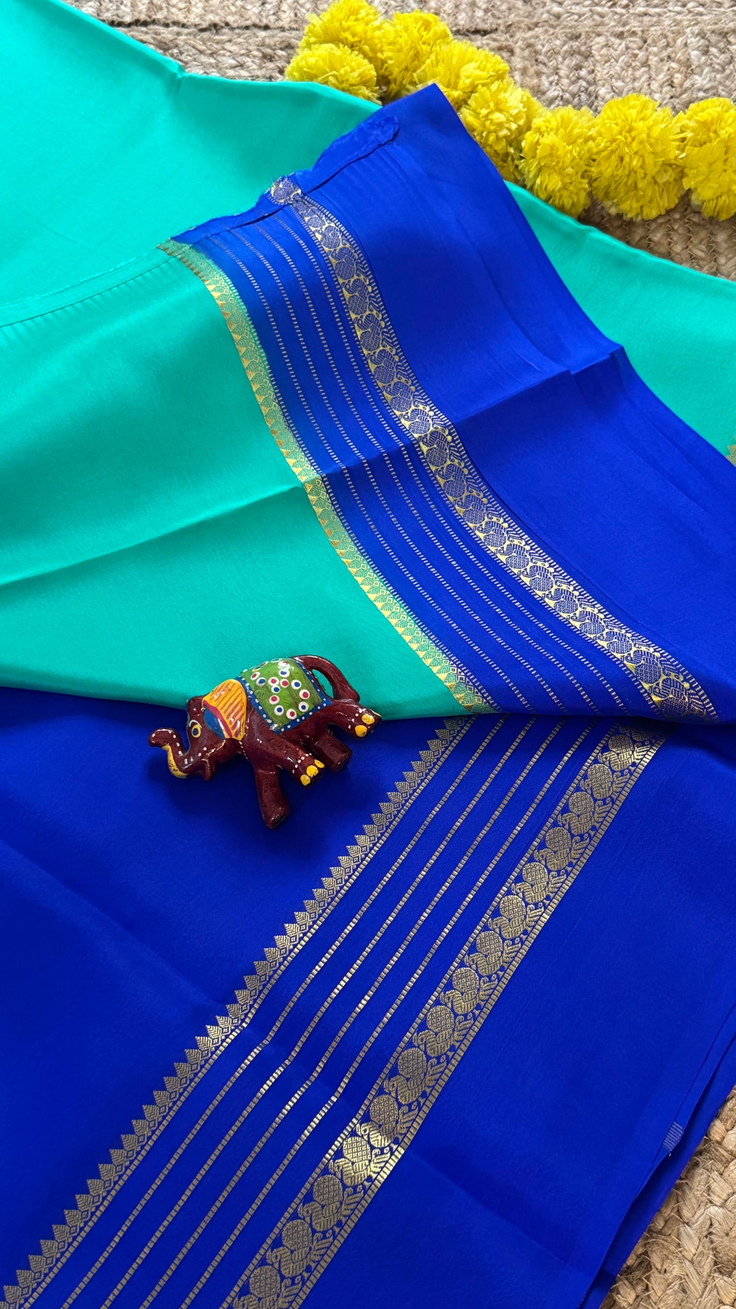 Mysore Silk Saree - Torquoise and Royal Blue Peacock Boarder