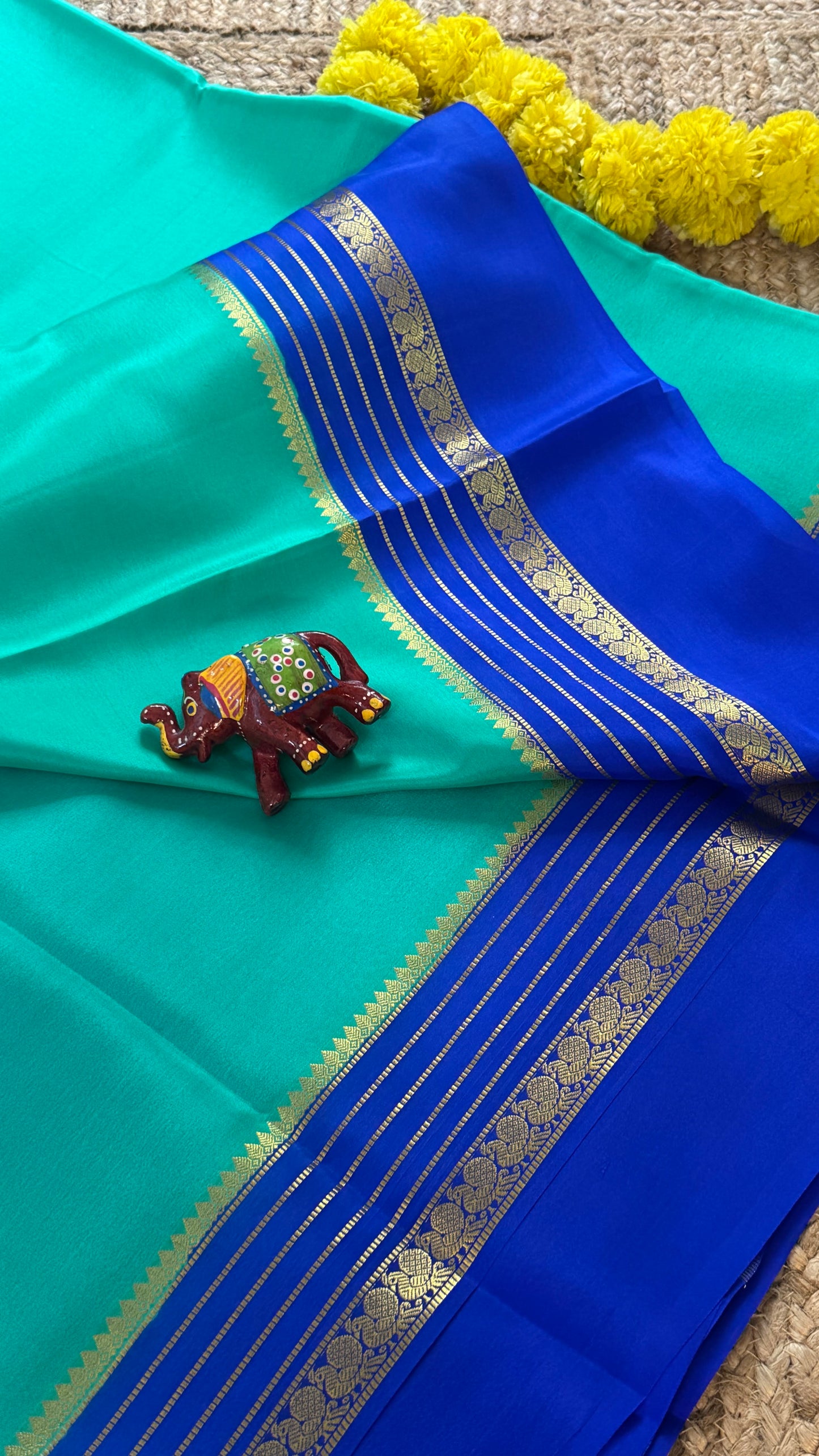 Mysore Silk Saree - Torquoise and Royal Blue Peacock Boarder