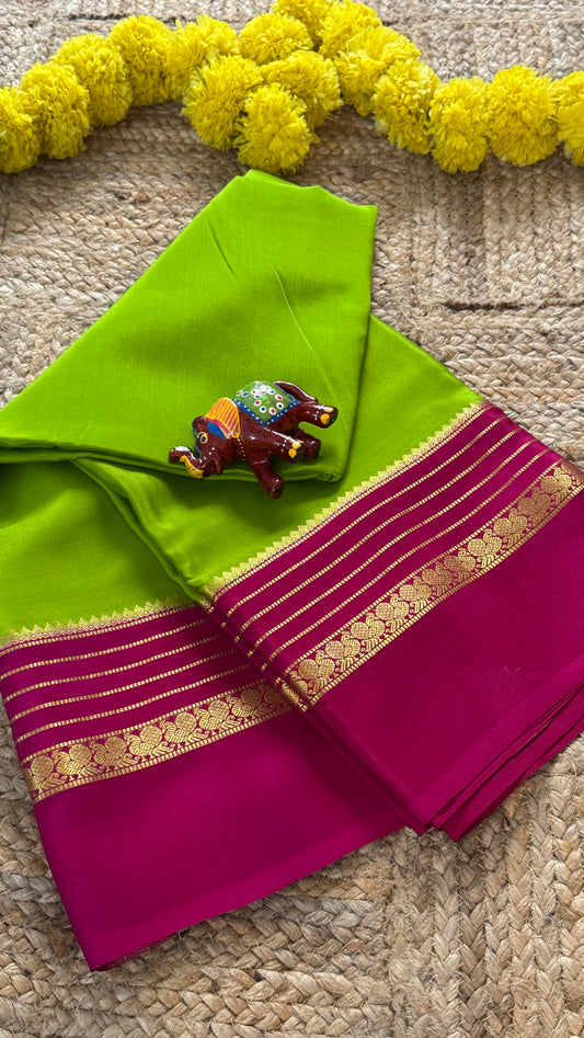 Mysore Silk Saree - Parrot Green and Pink Peacock Boarder