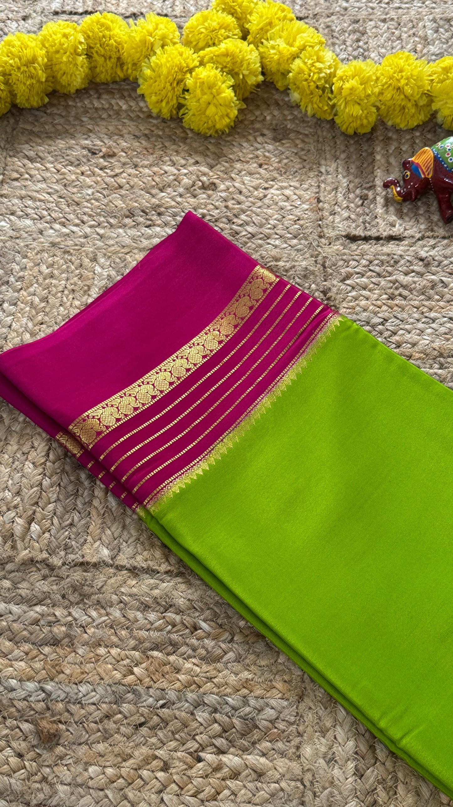 Mysore Silk Saree - Parrot Green and Pink Peacock Boarder