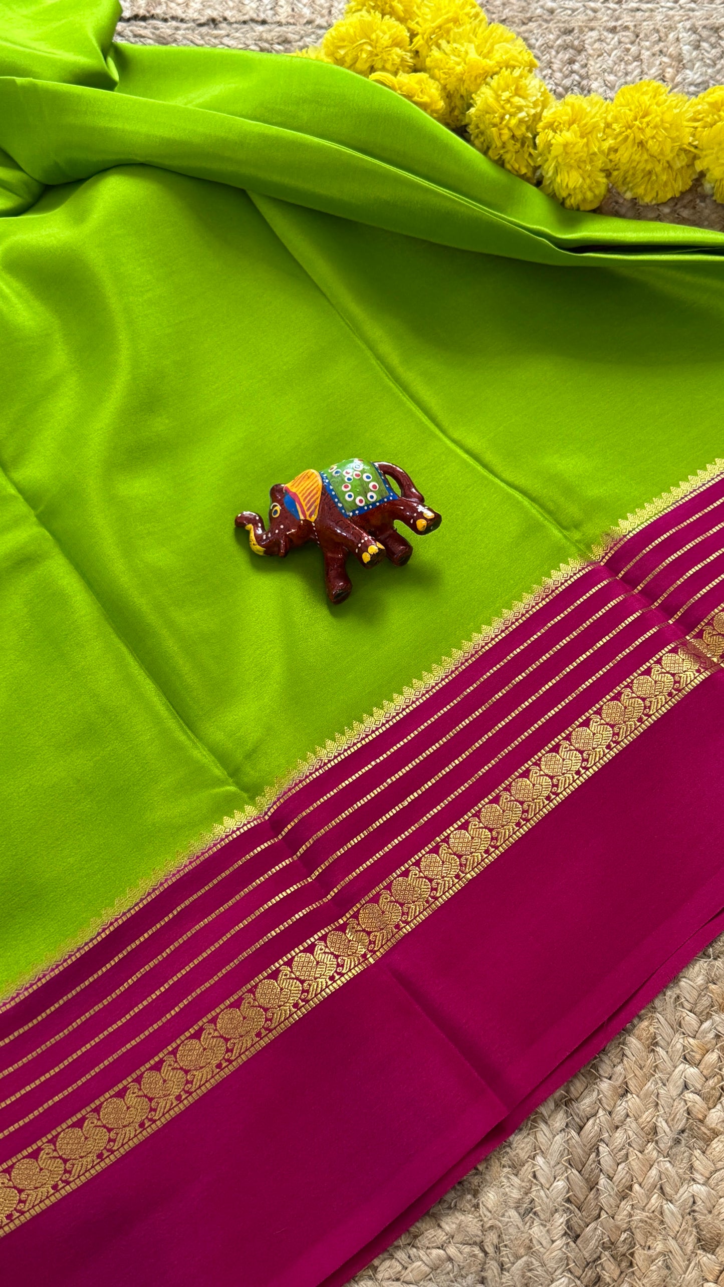 Mysore Silk Saree - Parrot Green and Pink Peacock Boarder