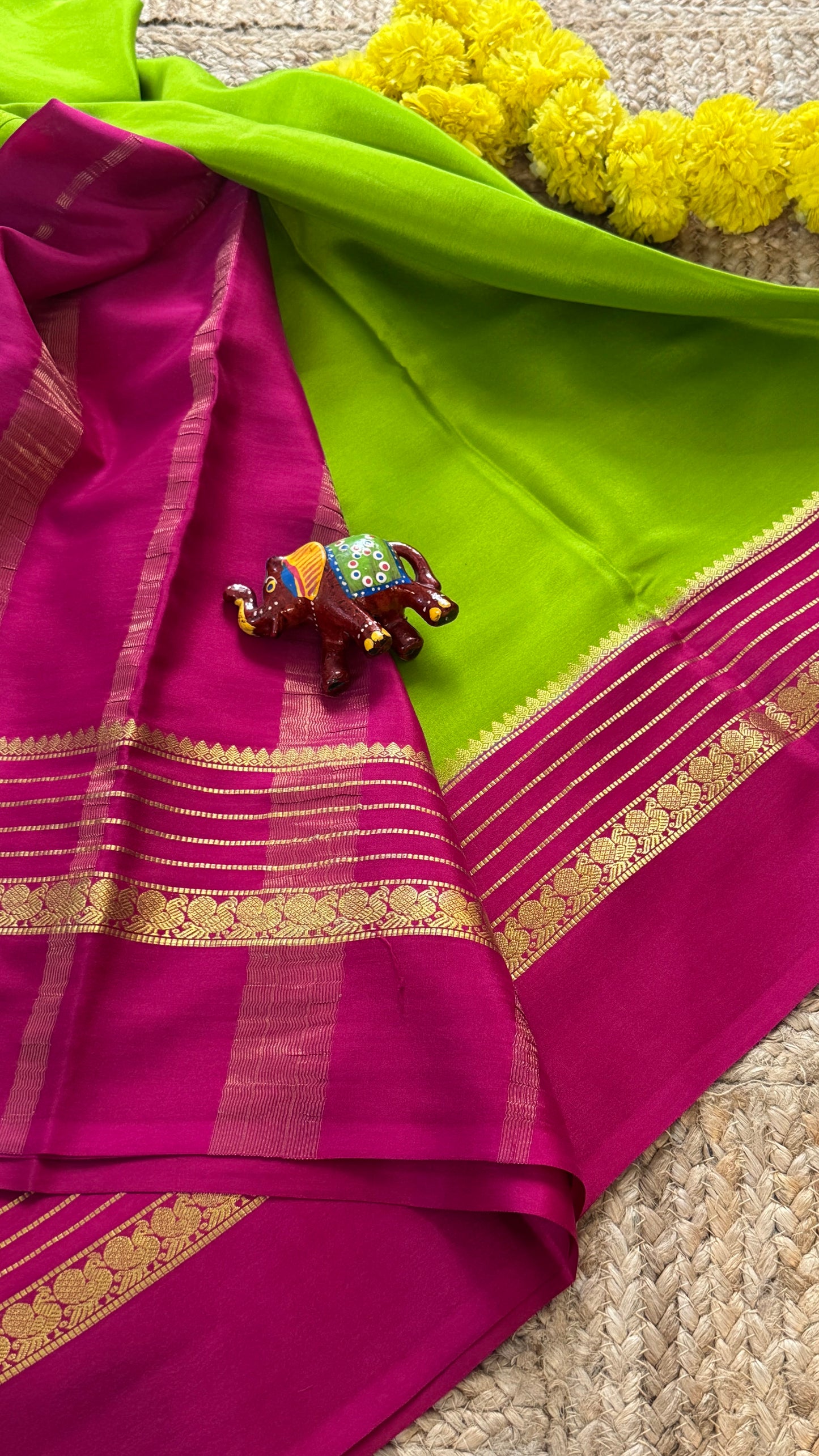 Mysore Silk Saree - Parrot Green and Pink Peacock Boarder