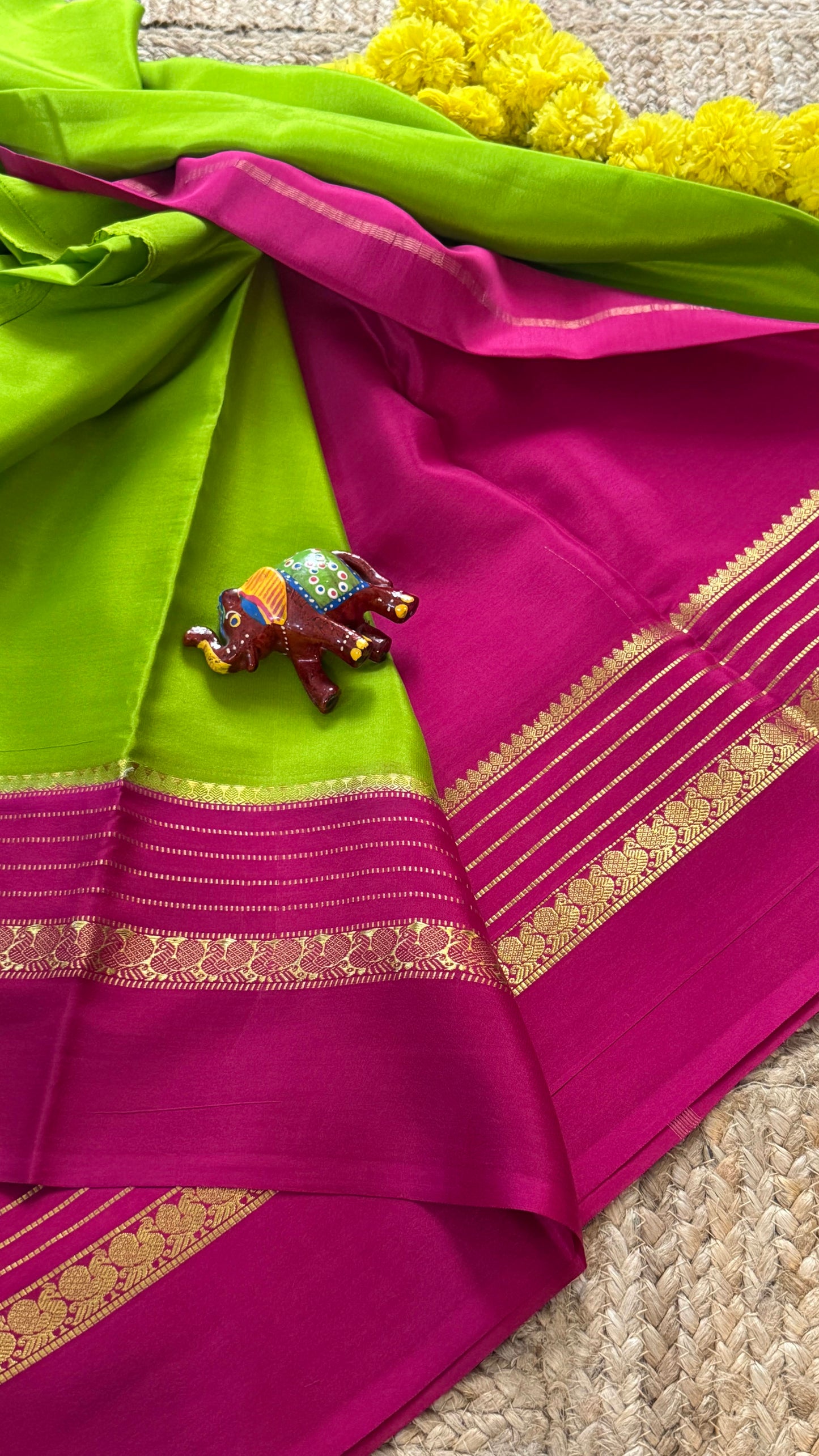 Mysore Silk Saree - Parrot Green and Pink Peacock Boarder