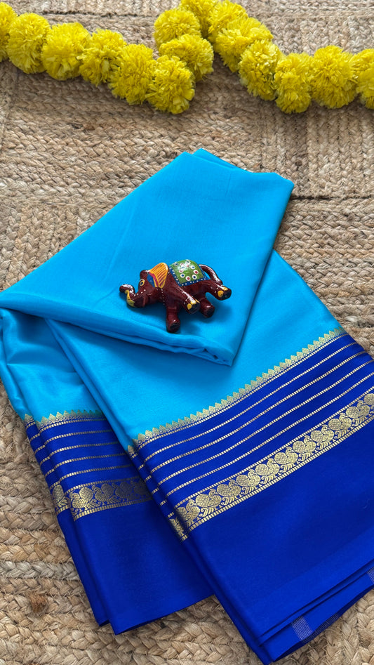 Mysore Silk Saree - Blue and Royal Blue Peacock Boarder