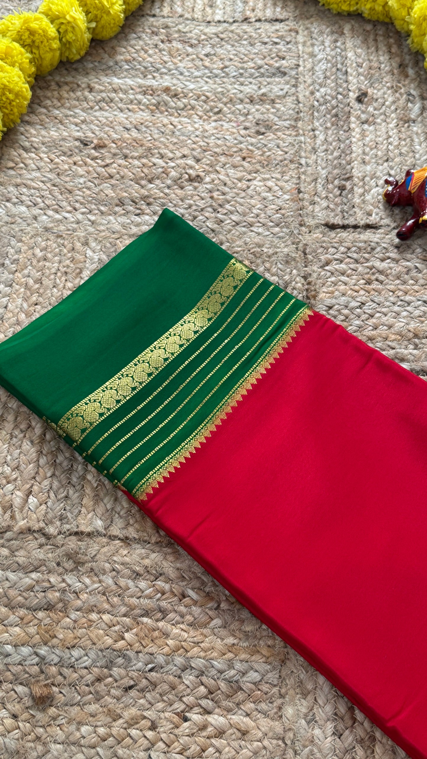 Mysore Silk Saree - Red and Green Peacock Boarder
